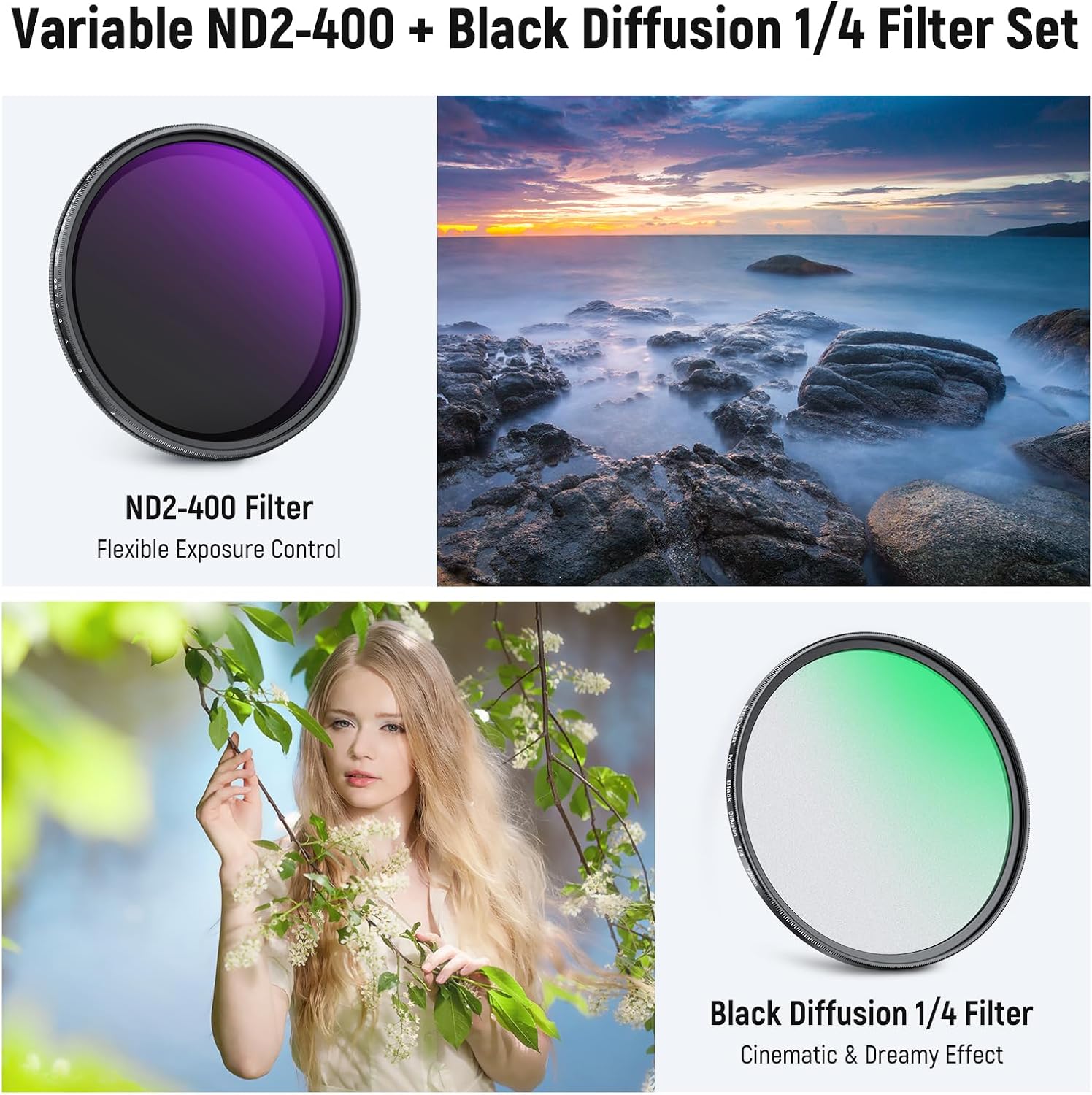 Thumbnail 1 de NEEWER 72 mm Variable ND 2-400 & Black Diffusion 1/4 Filter – Set für filmischen Nebeleffekt (2er Pack)