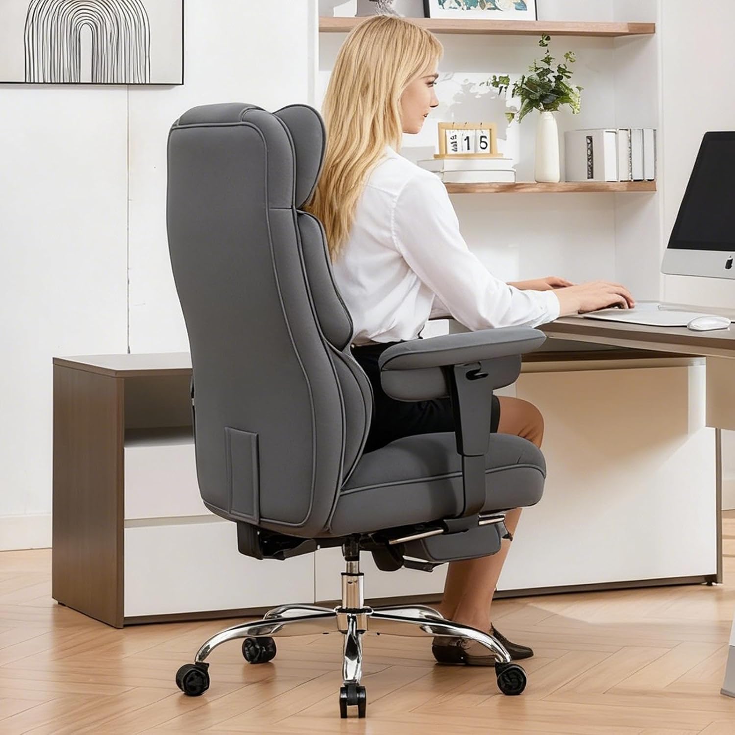 Thumbnail 1 de Efomao 3084f Big & Tall Office Chair, Beige Mesh with Footrest