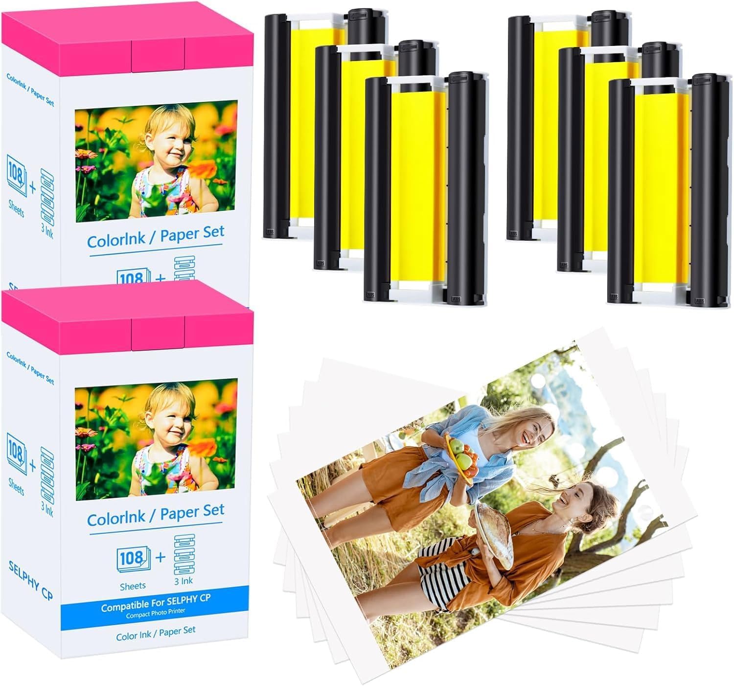 Detalle de NineLeaf 2PK Ersatz für Canon Selphy CP1300/CP1500 – 216 Postkarten-Papier im Set (10x15 cm) inkl. KP-108IN Tinten