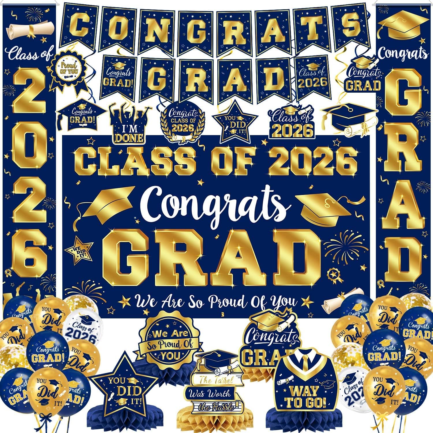 Detalle de LINHAXM 2026 Graduation Decorations Set (Navy Blue & Gold) — Congrats Grad Banner, Backdrop, Porch Sign, Balloons & More