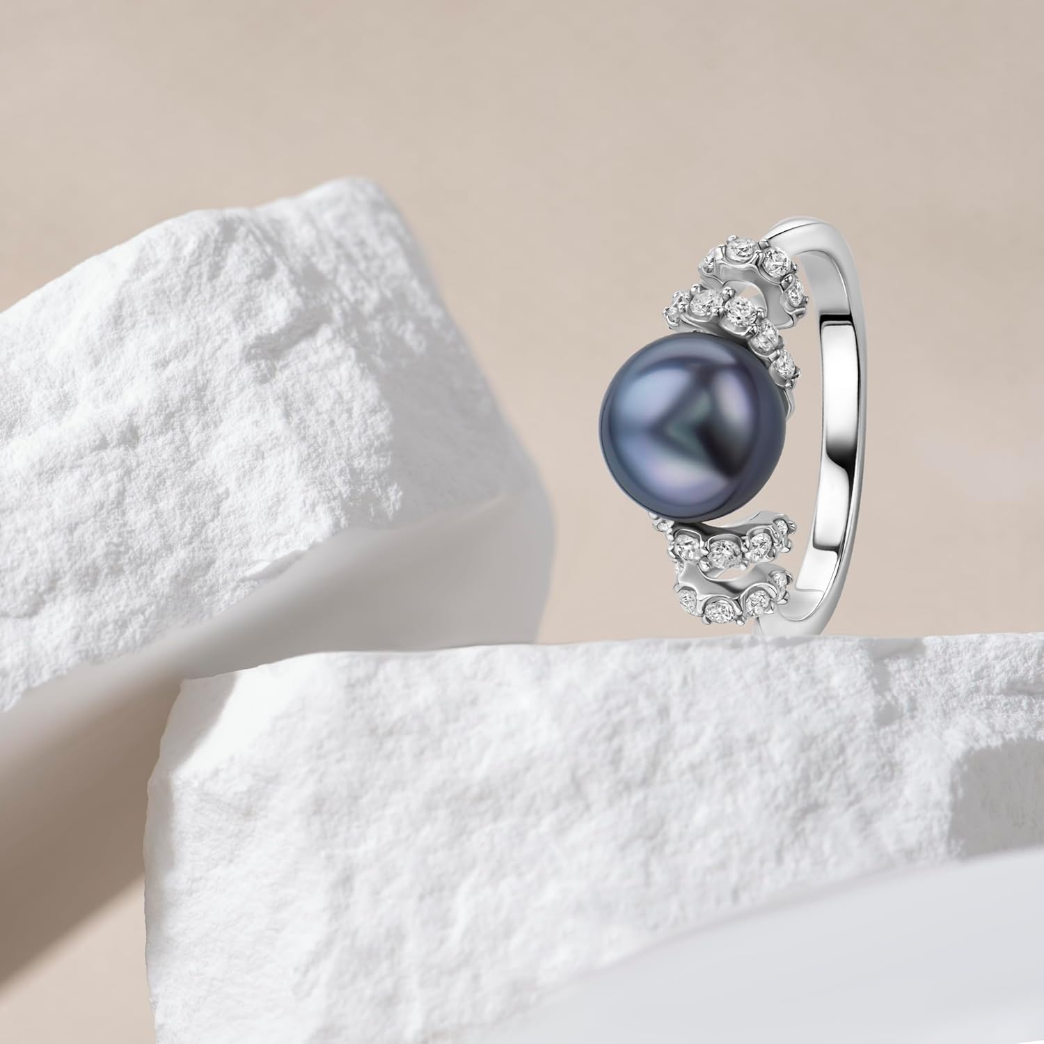 Thumbnail 2 de Bague Orovi en argent sterling avec perle d'eau douce noire et zircons blancs