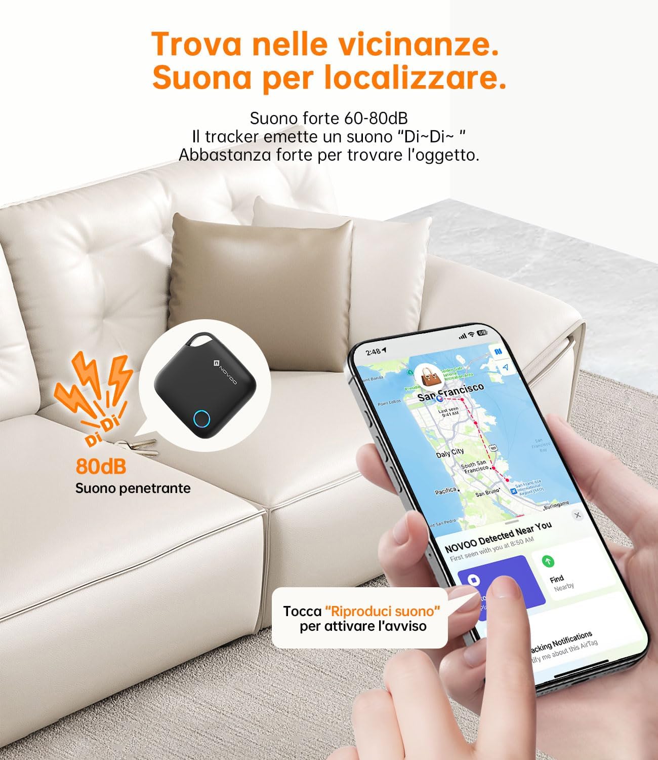 Detalle de NOVOO Smart Tag con Apple Find My (Solo iOS) – 4 pezzi, allarme 80 dB, batteria sostituibile CR2032