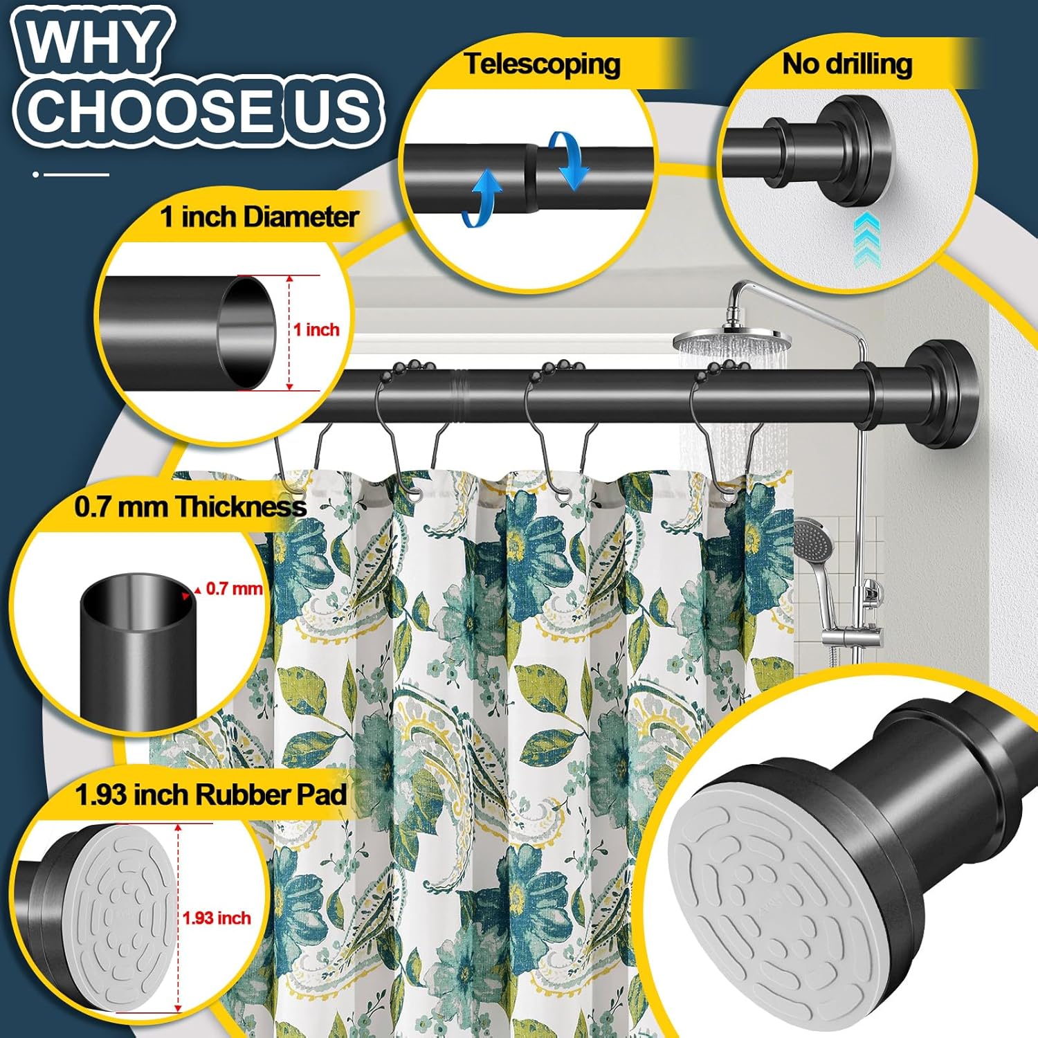 Thumbnail 5 de Black Shower Curtain Rod 36-84 Inch Adjustable 📏