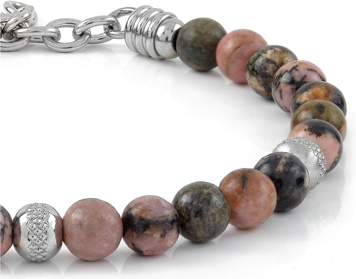 Detalle de Bracciale Uomo Donna in Acciaio Inox con Rodonite Naturale – Stile Minimal e Made in Italy
