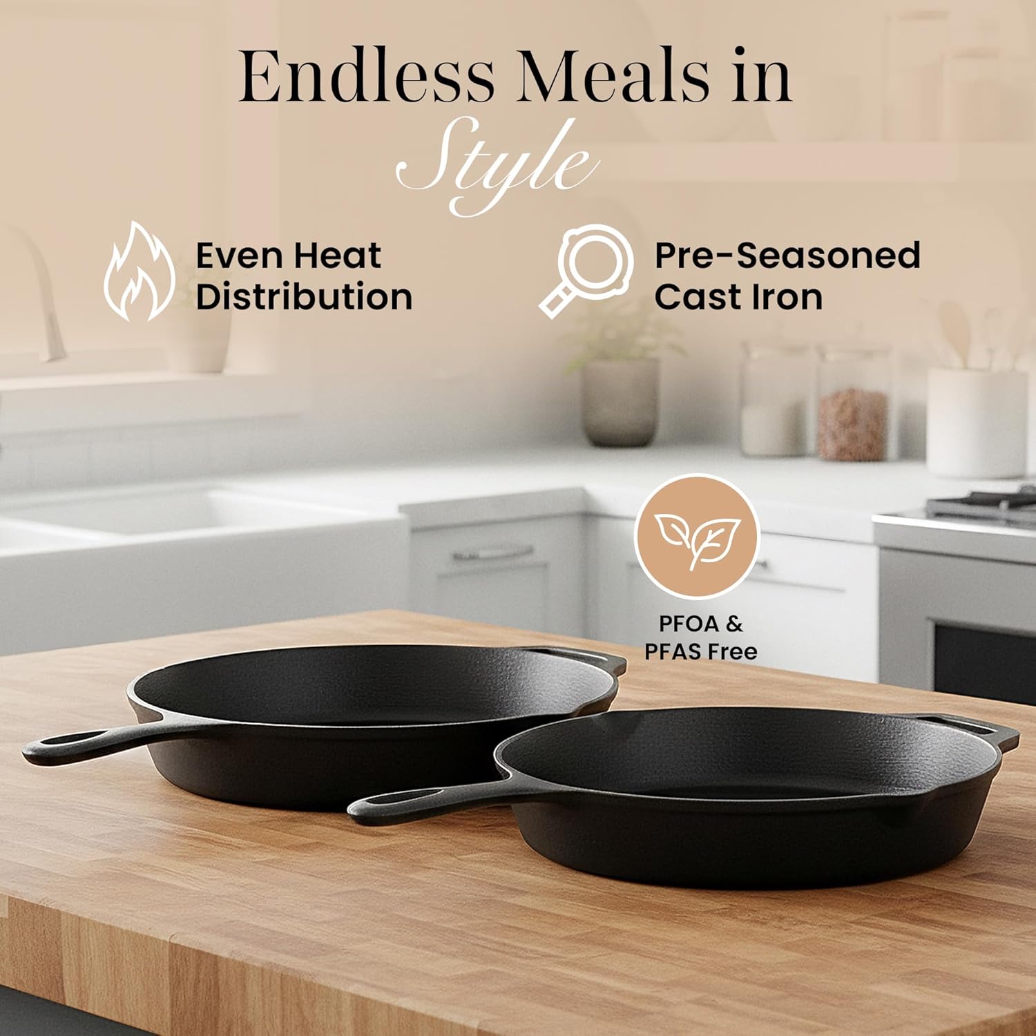 Detalle de NUOVVA 2pcs Cast Iron Skillet Set (pre-seasoned) – 10 inch 25cm & 12 inch 30cm oven-safe frying pans