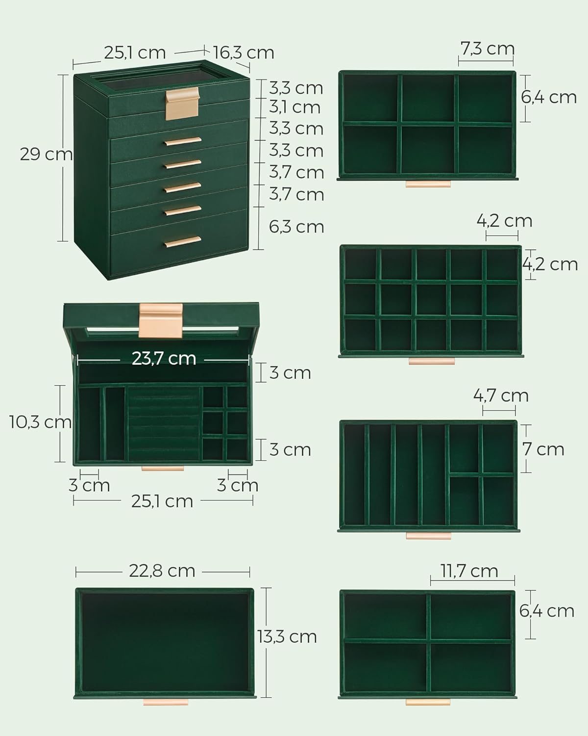Thumbnail 5 de SONGMICS Schmuckkästchen JBC171C01 mit 6 Ebenen, Glasdeckel und 5 Schubladen (waldgrün-golden)