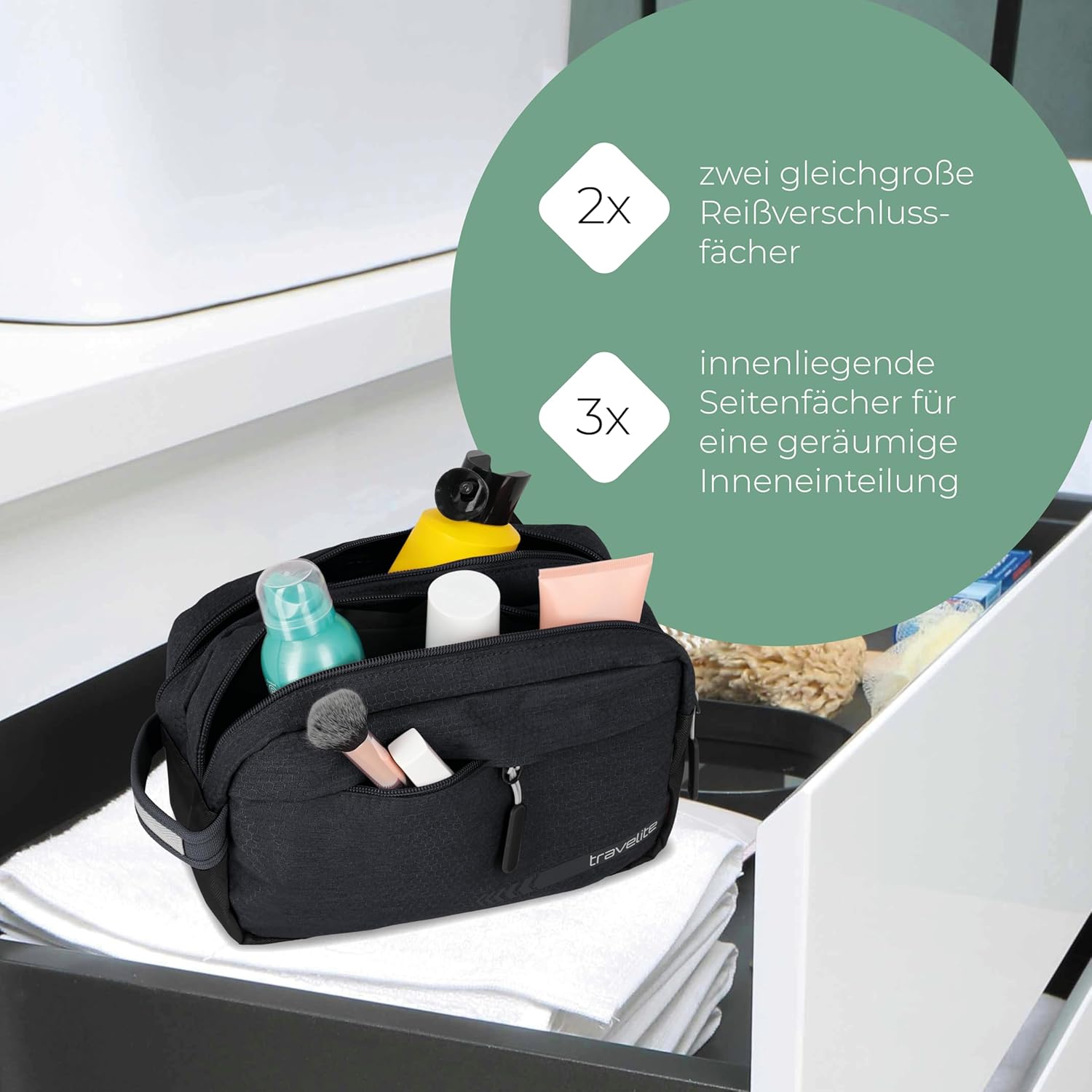 Detalle de Travelite Kick Off Handgepäck Kosmetiktasche – kompakte Kulturtasche mit 5 Litern Volumen