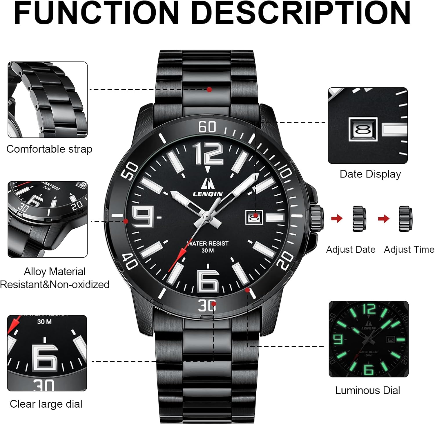 Detalle de LN LENQIN Herrenarmbanduhr aus Edelstahl, wasserdicht (3 ATM) mit Datumsanzeige