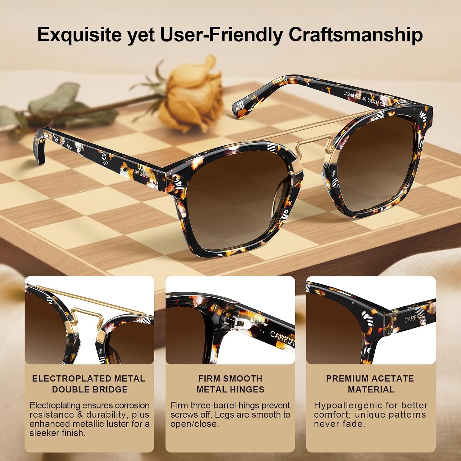 Detalle 2 de CARFIA Polarised Retro Square Sunglasses for Women – Acetate & Double Metal Bridge, UV400 Protection CA5399