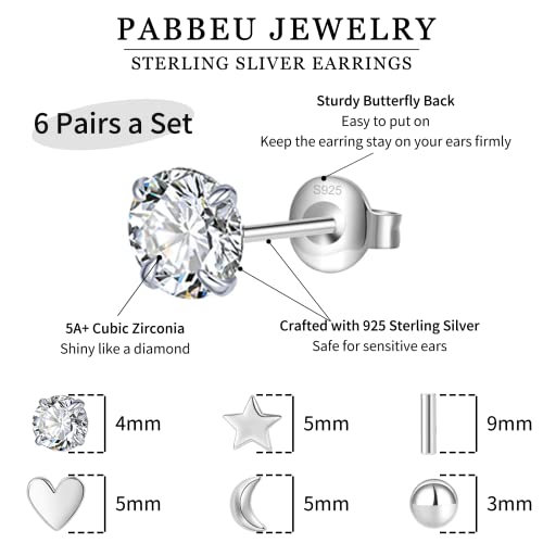 Detalle 2 de PABBEU 6 Pairs Sterling Silver Stud Earrings – Star, Moon, Ball and Heart Designs