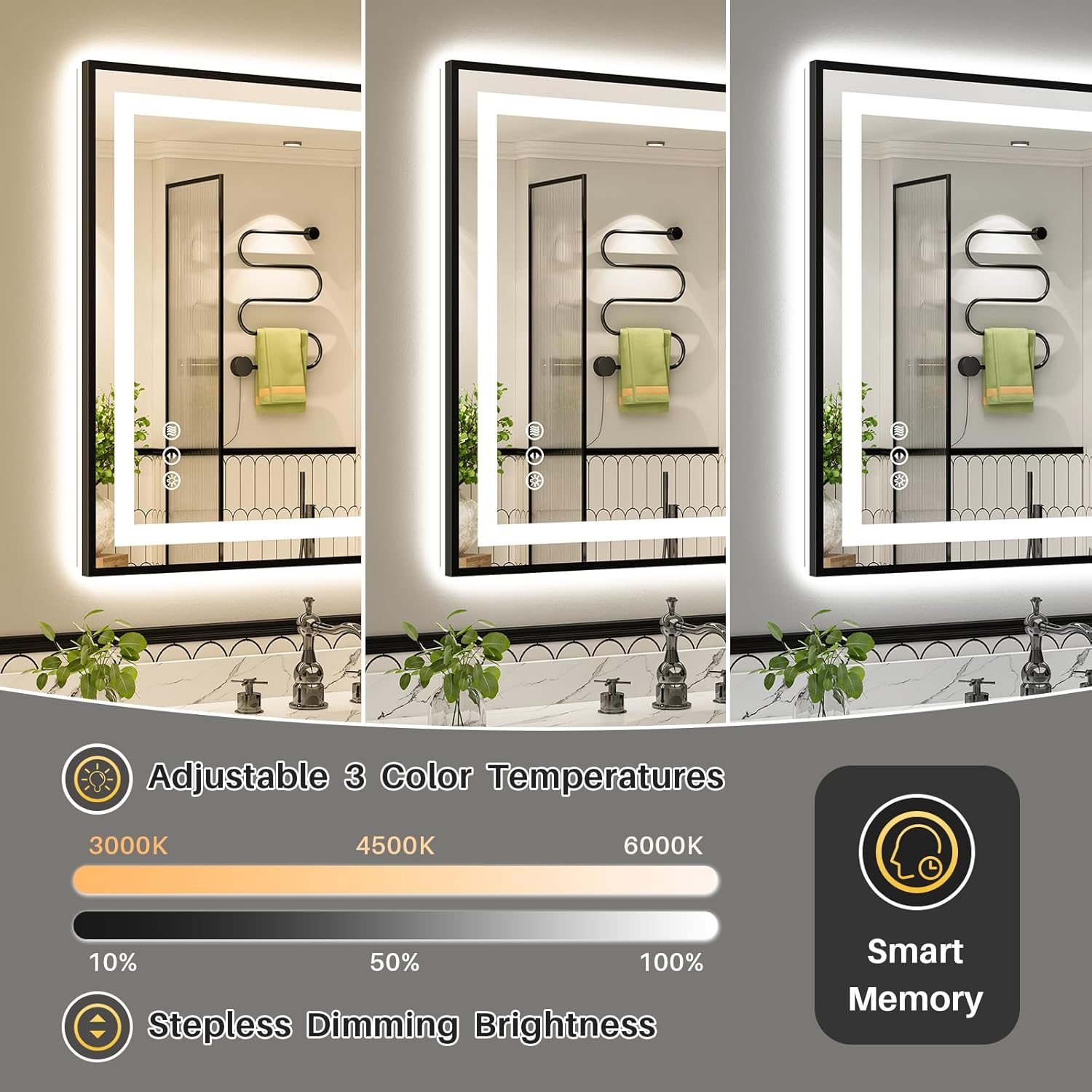 Thumbnail 4 de Briivue 24x32 LED Bathroom Mirror (Black Frame) with Dual Lighting, Anti-Fog, Dimmable + Memory