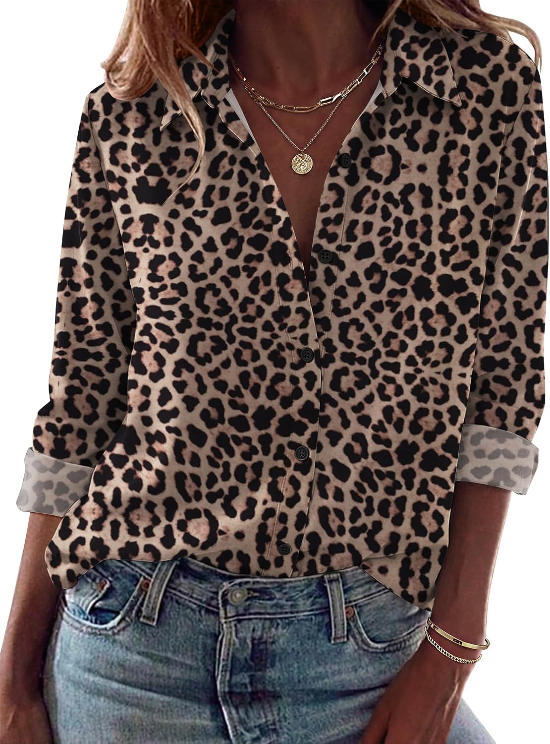 Detalle de Zeagoo Women's Long-Sleeve Button-Down Blouse with Turn-Down Collar
