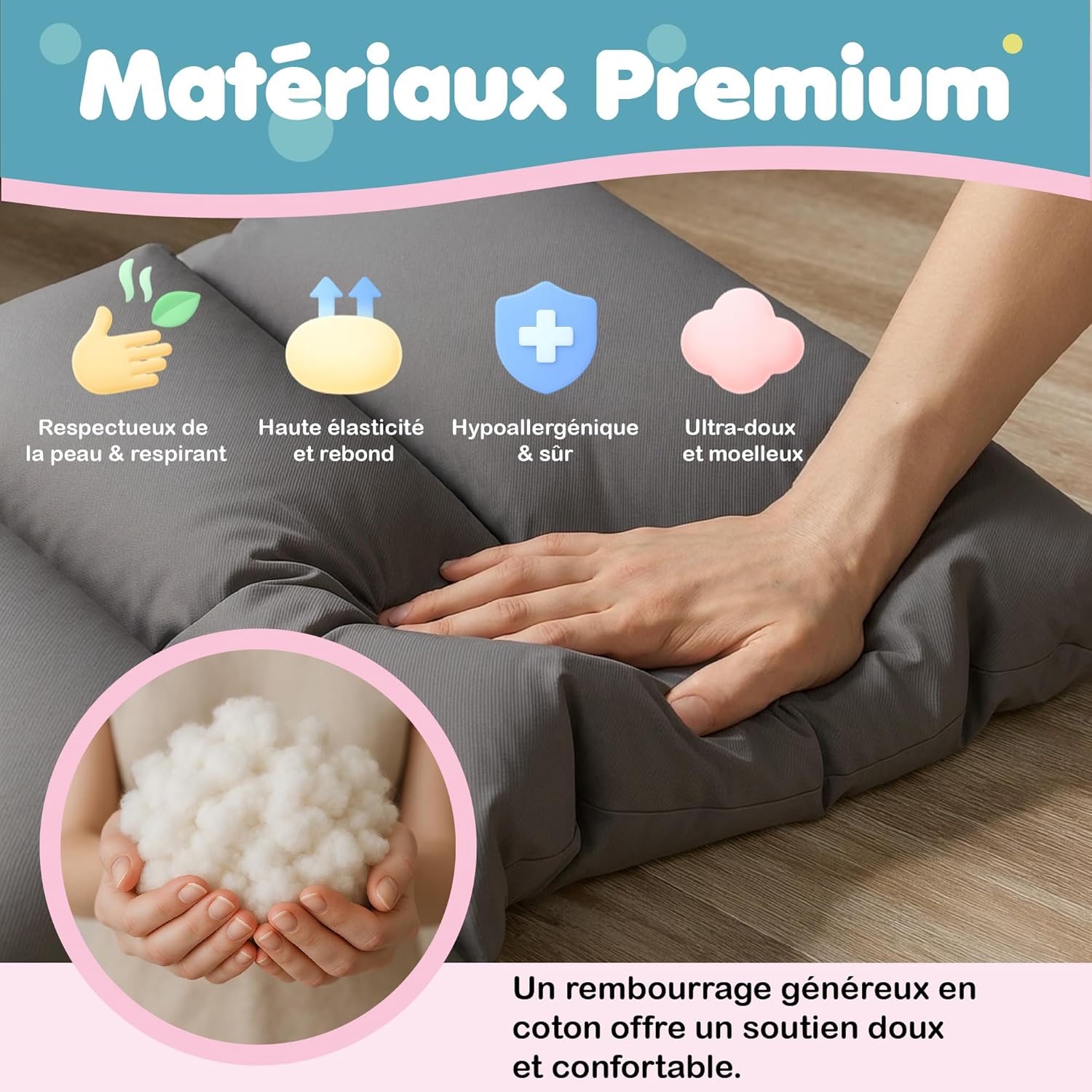 Detalle de COSYLAND Coussin et Matelas Confortable pour Enfants – Arche Montessori et Arche d’Escalade Bébé, Tapis de Sol Gris 50×100 cm