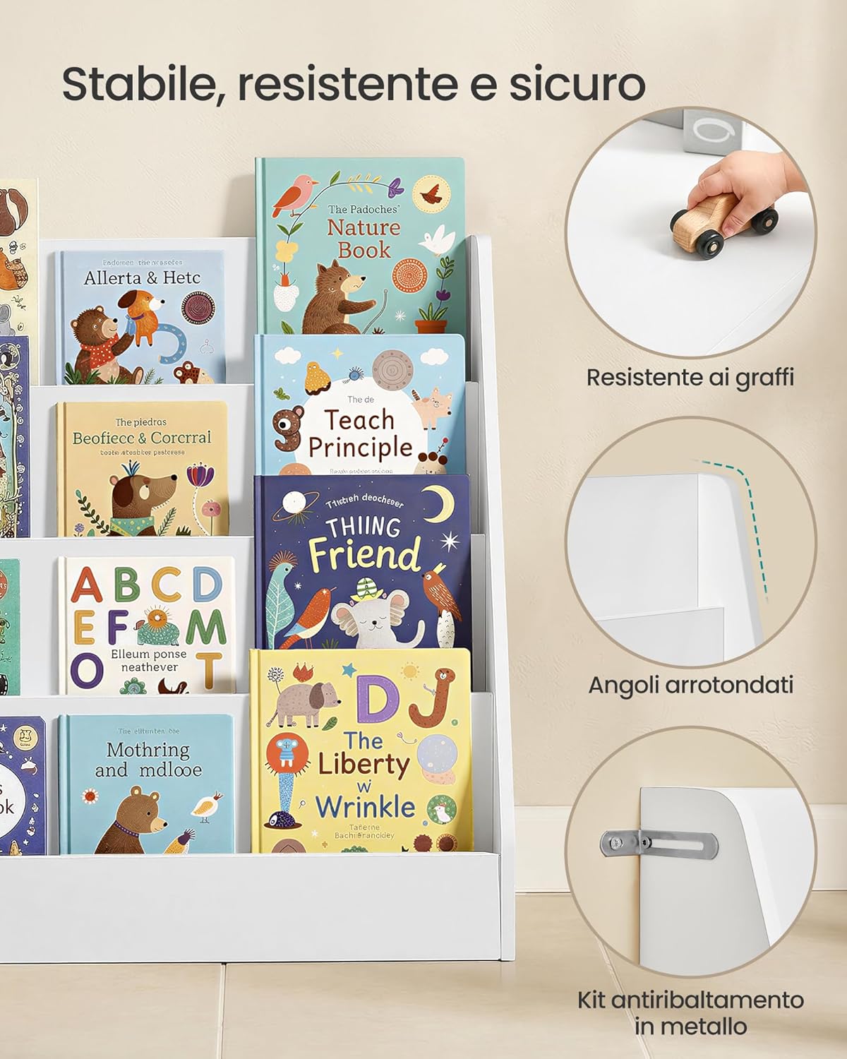 Detalle de SONGMICS Libreria per Bambini Montessori a 4 Ripiani – Bianco Nuvola (GKR074WZ01)
