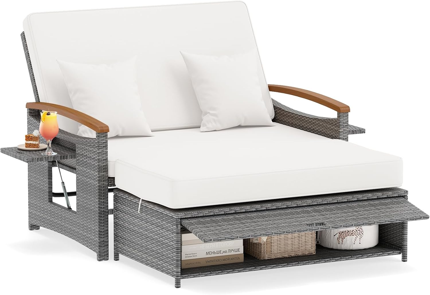 Detalle de COSTWAY Polyrattan Sonnenliege: Verstellbare Rückenlehne, Seitenablage und Doppel-Loungemöbel für Garten und Balkon
