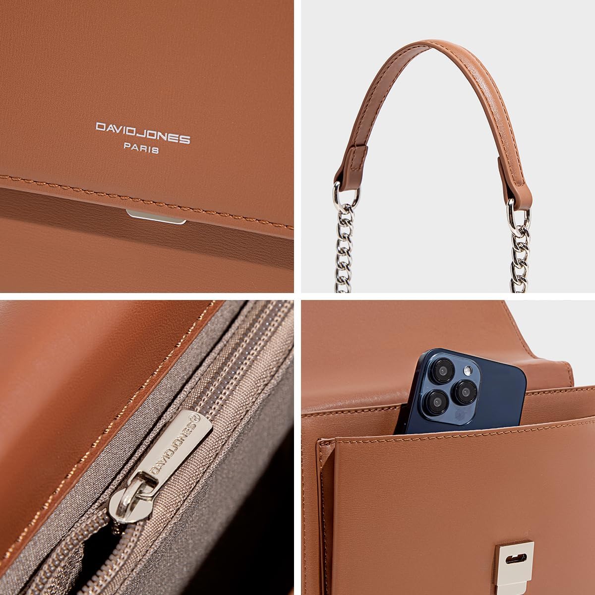 Thumbnail 5 de David Jones sac bandoulière femme en cuir PU rigide avec chaîne — pochette rectangle grand marron cognac