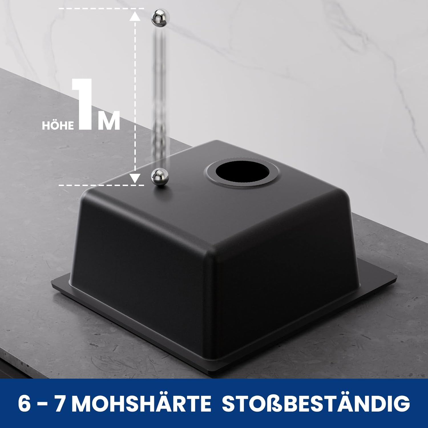 Detalle de CECIPA Spülbecken Schwarz Granit 40x45 cm – rechteckiges Einzelbecken mit 2 Hahnlochungen