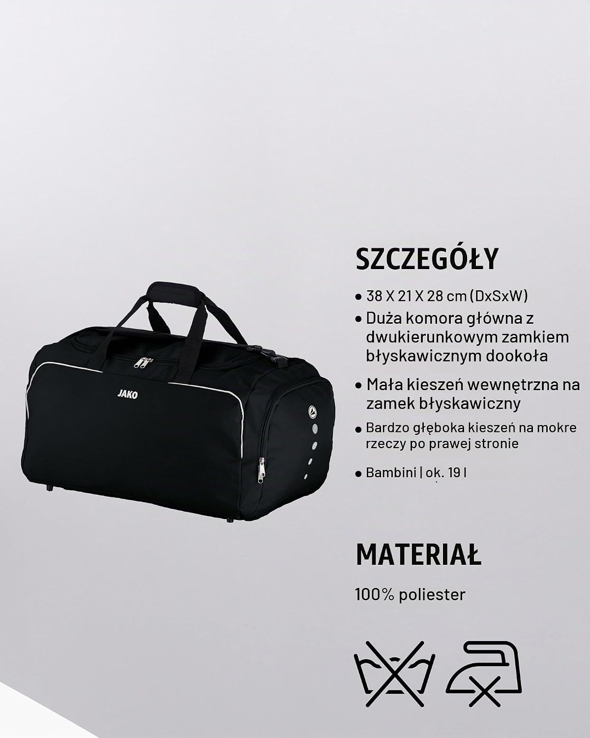Detalle 1 de JAKO Classico – czarna torba sportowa 38 × 21 × 28 cm z regulowanym paskiem