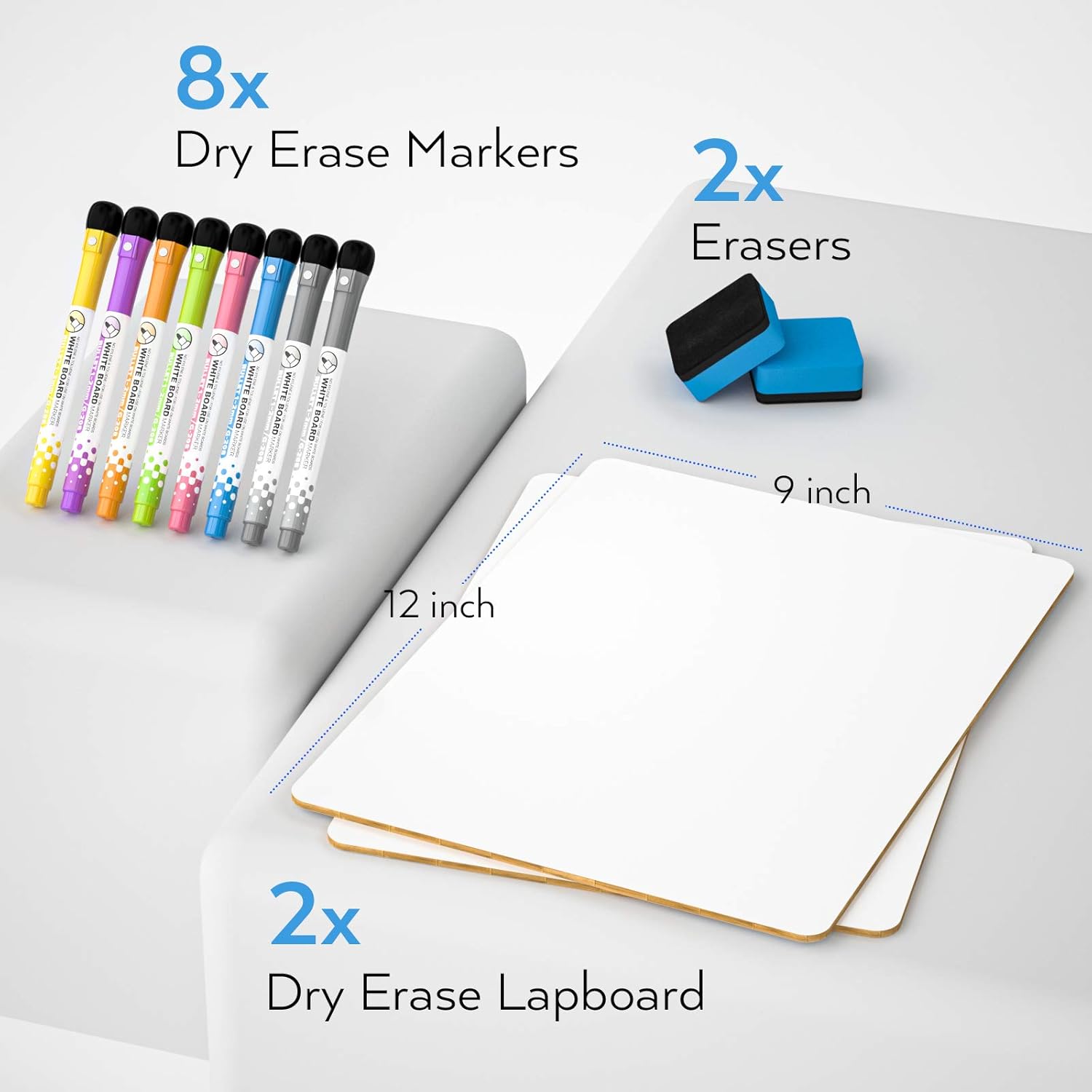 Thumbnail 1 de Nicpro 2 Pack Dry Erase Mini Whiteboards (A4, 22 x 30 cm) with 8 Water-Based Pens and 2 Erasers