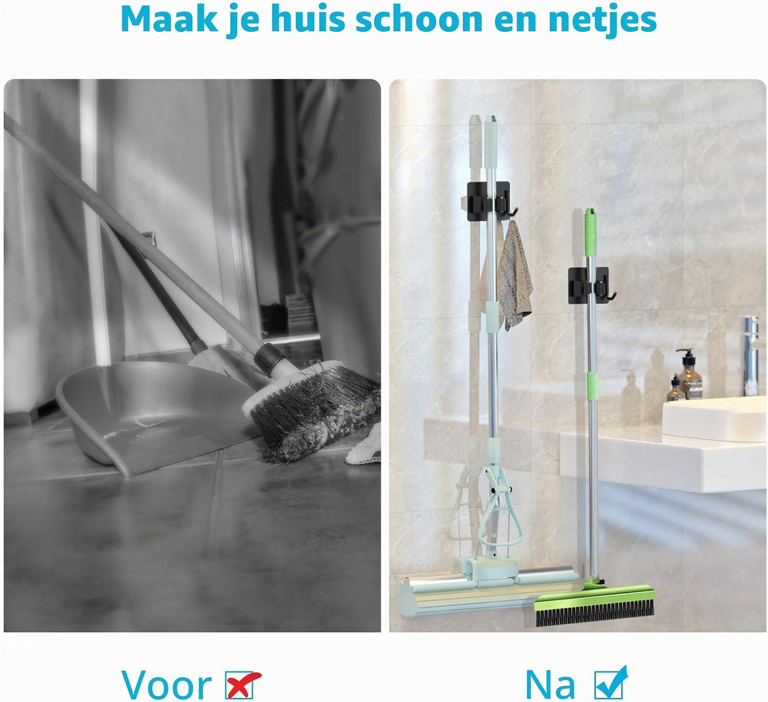 Detalle de homeasy HU-XI-201 bezemhouder, 4 stuks, zelfklevend roestvrij staal, zwart