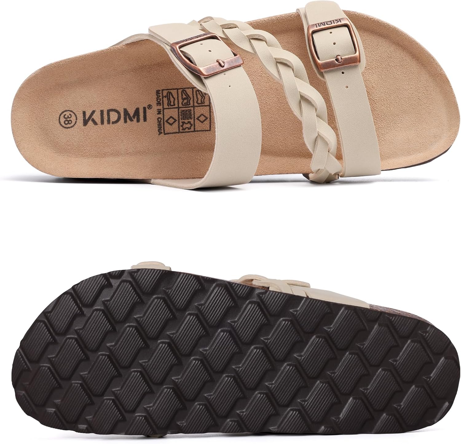 Detalle de KIDMI Women's Cork Footbed Sandals with Arch Support – Comfortable Slip-On Slide with Adjustable Buckle