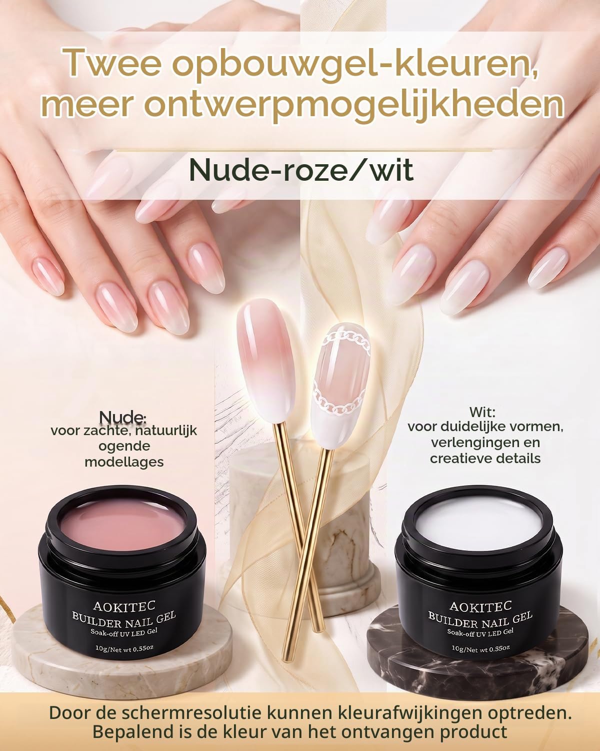 Detalle de Aokitec Nudes White Builder Gel Set met aurorapoeder en UV/LED-uitharding