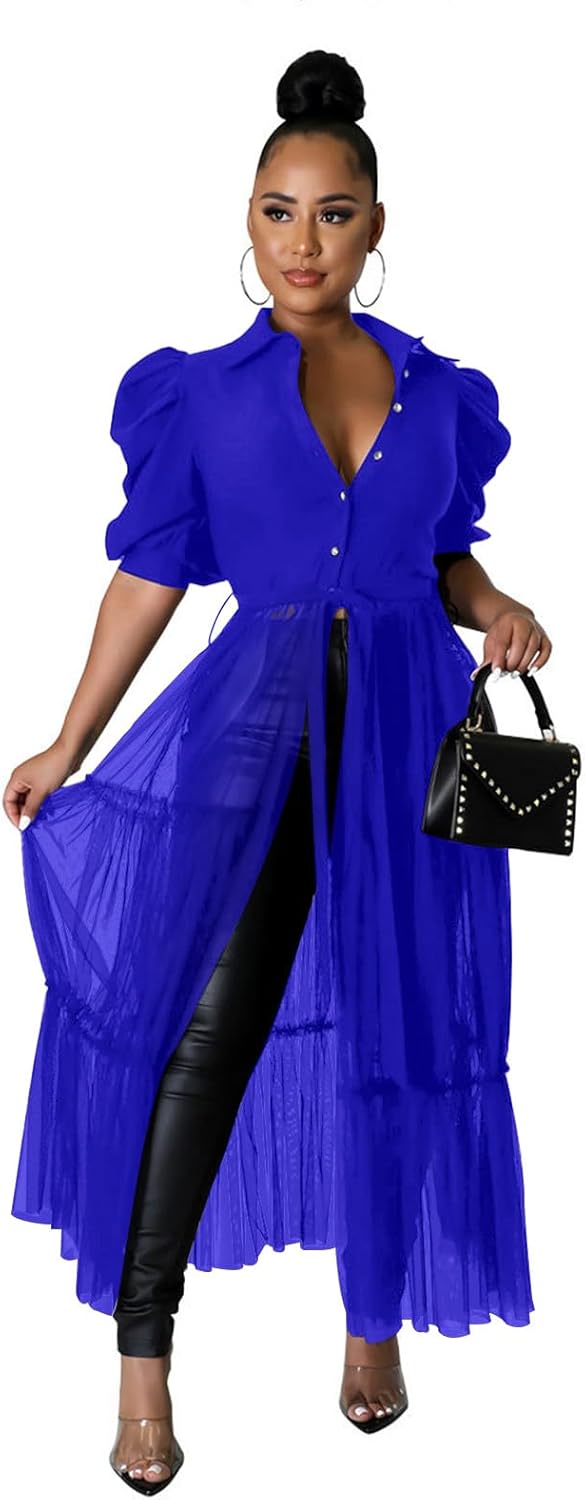 Thumbnail 6 de Ekaliy Women Sexy Short Sleeve Bodycon High Low Asymmetrical Ruffle Tunics Blouse Shirt Top Dress
