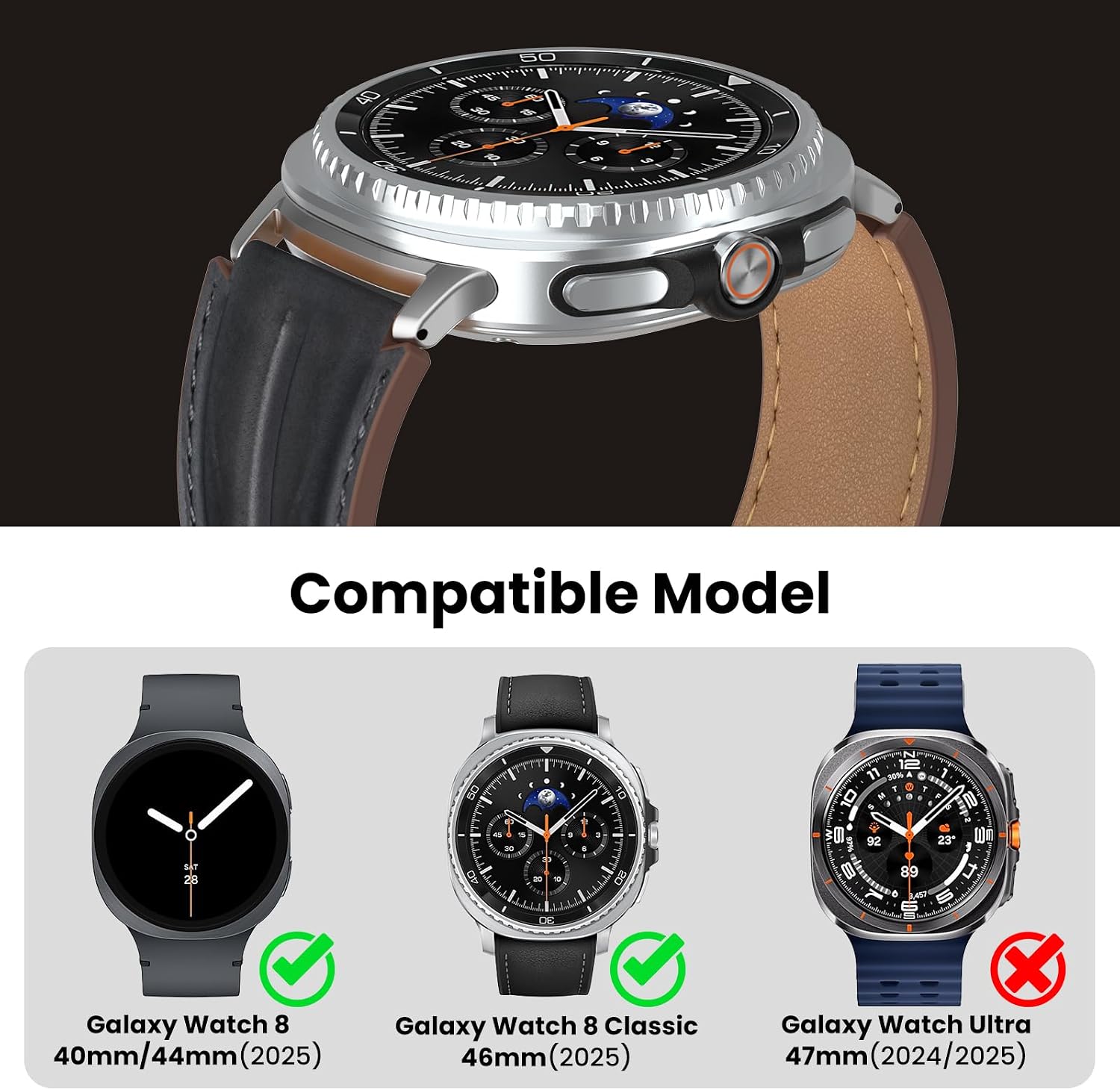 Detalle de Bouixel Top Grain Leather Strap for Samsung Galaxy Watch 8 (40mm/44mm) & Classic 46mm — Rugged, Retro Feel