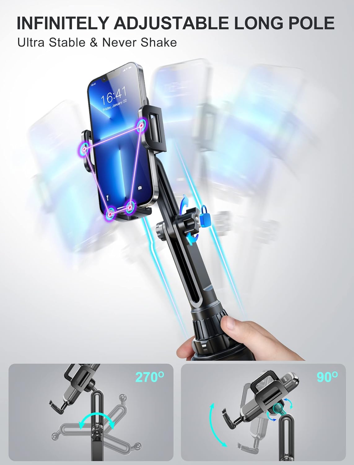 Thumbnail 4 de TOPGO Cup Holder Phone Mount (No Shaking & Height-Adjustable Pole) for Car – Black