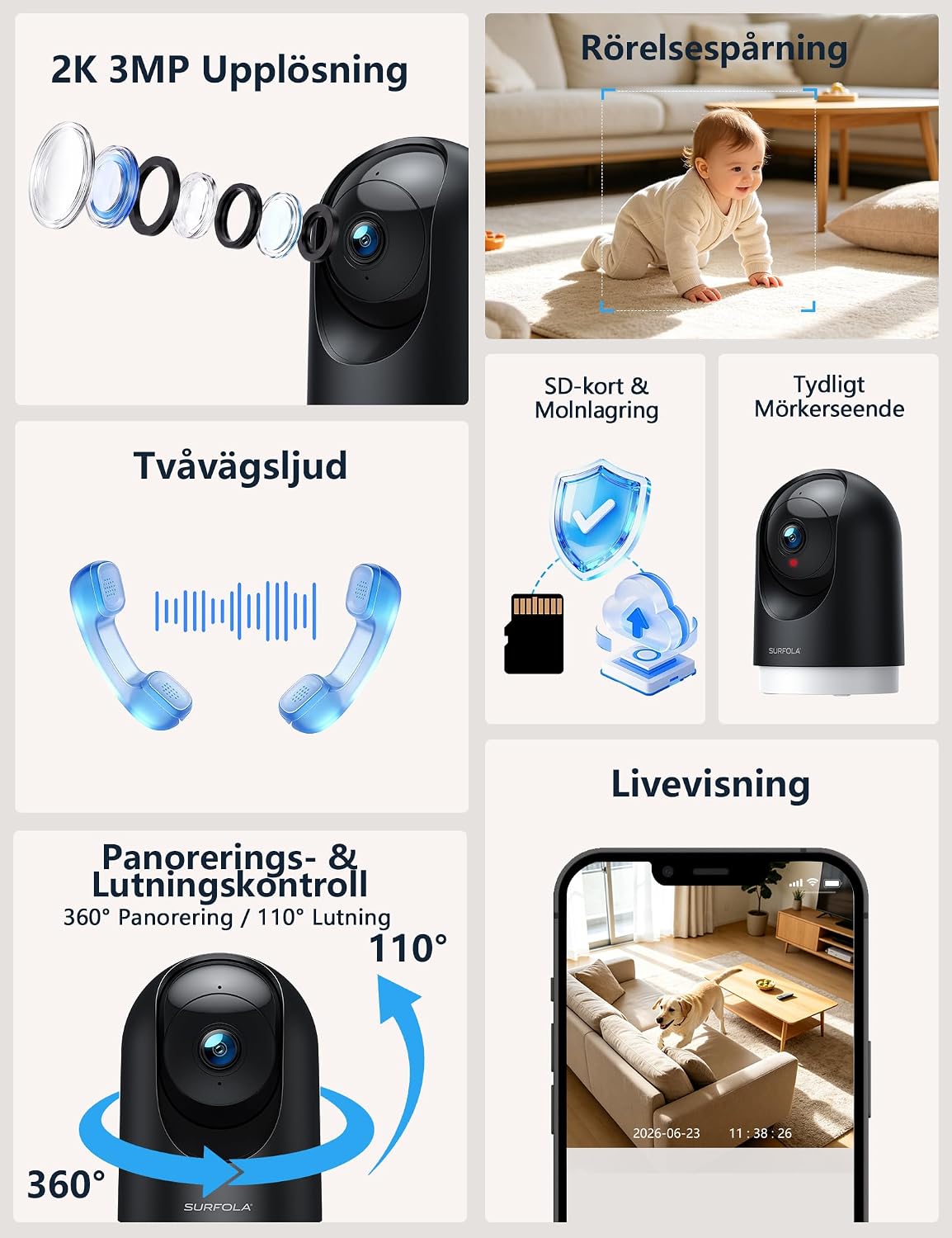 Detalle 2 de Surfola WS03 inomhuskamera med 2K, PTZ och mörkerseende