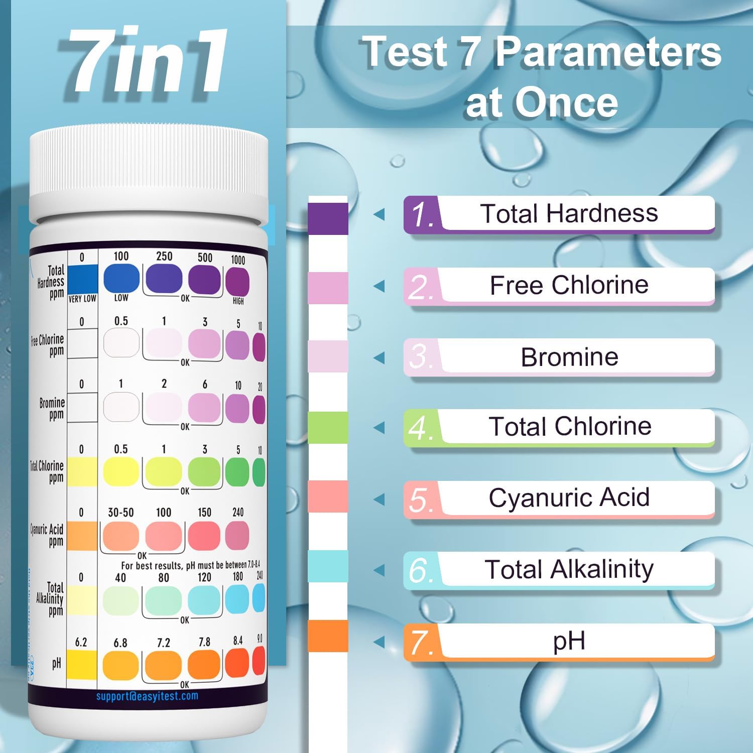 Detalle de EASYTEST 7 in 1 Pool Test Strips zwembadteststrips, 150 stuks voor 7 waterwaarden