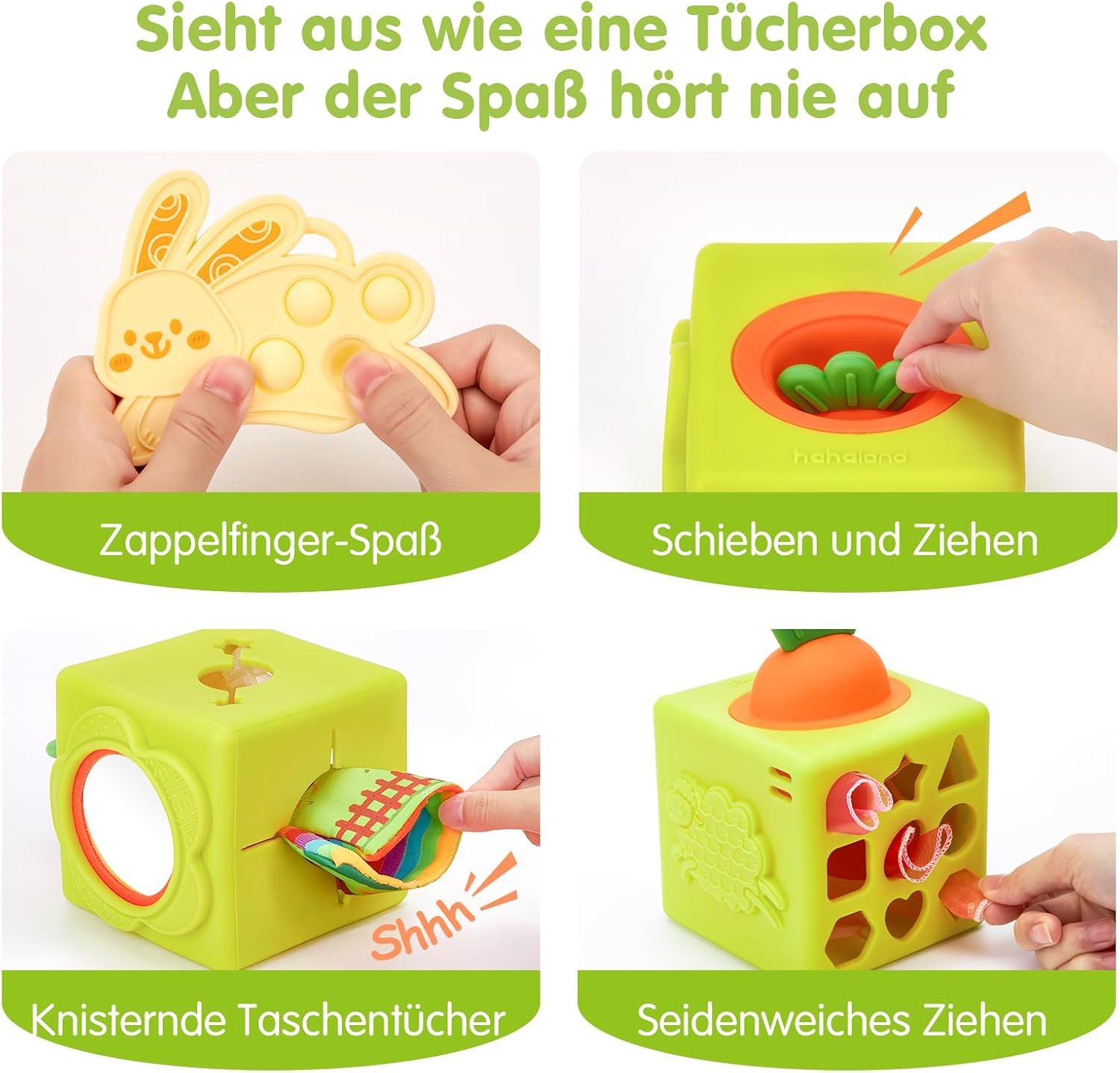 Thumbnail 3 de hahaland Baby Spielzeug 6 Monate – Silikon-Tücherbox, 6-in-1 Montessori Würfel mit Texturen, Spiegel und Beißring