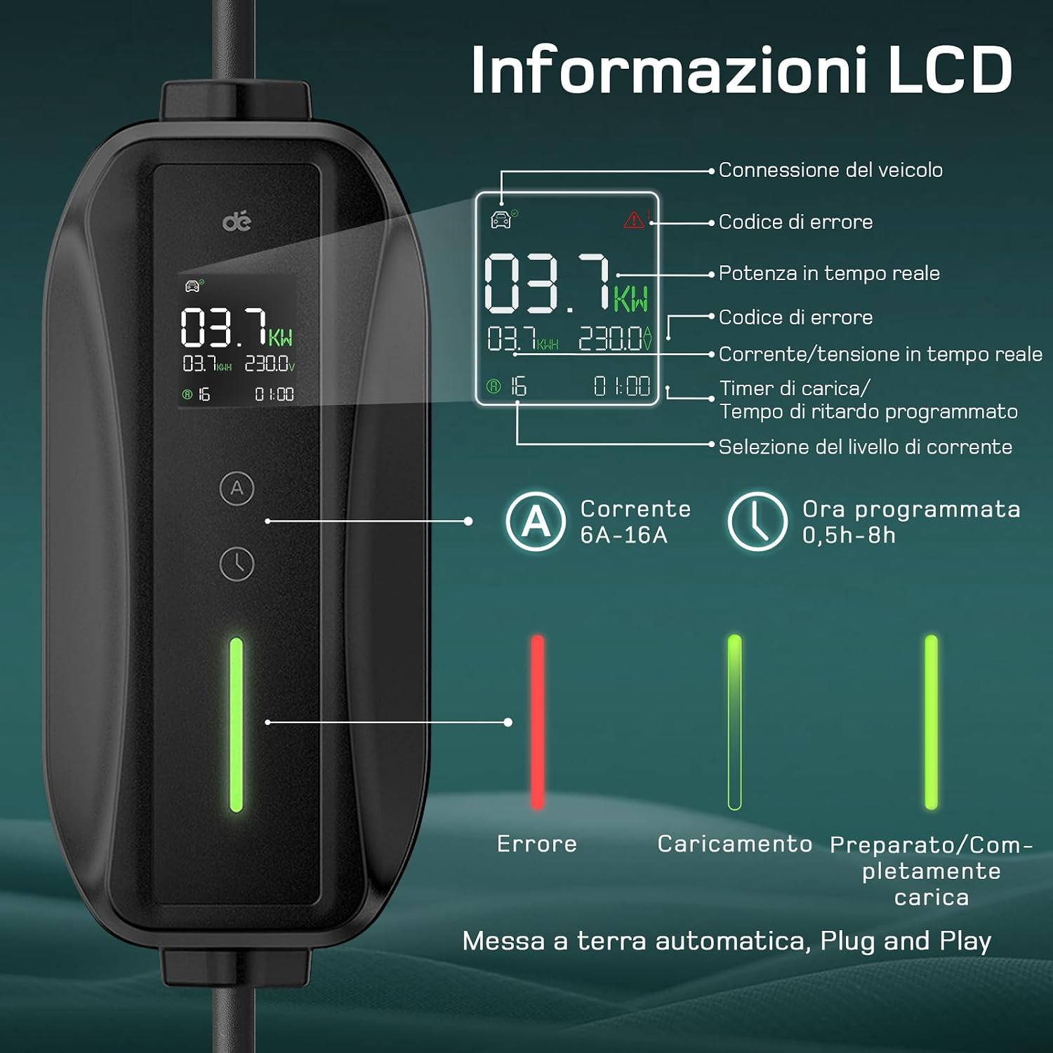 Thumbnail 5 de dé Cavo ricarica auto elettrica Tipo 2 Schuko 15 m 6–16A (3,7 kW) con LCD e supporto