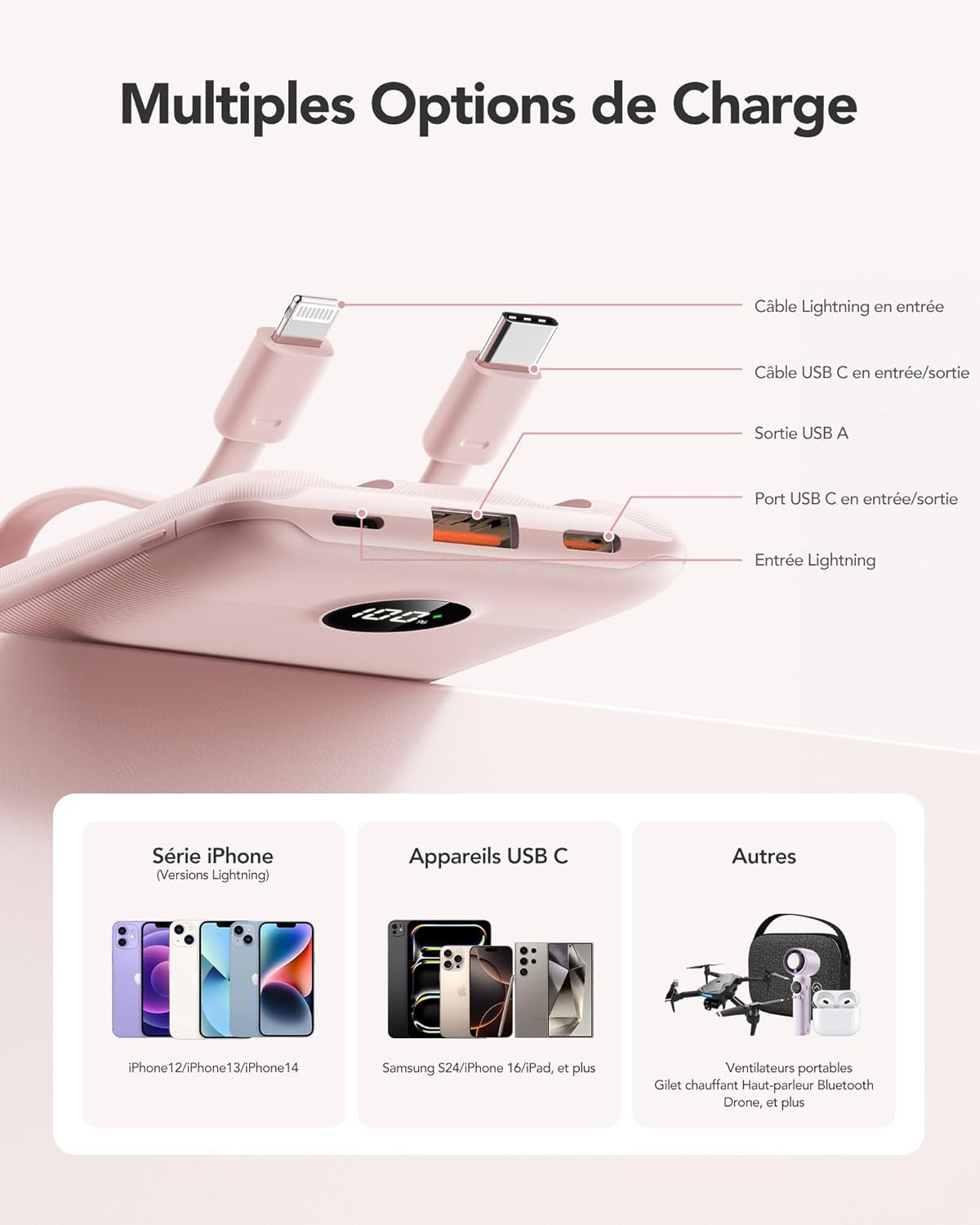 Thumbnail 4 de WeeFancy 10000mAh Power Bank with Built-in Cables, Fast Charging (22.5W) – Pink