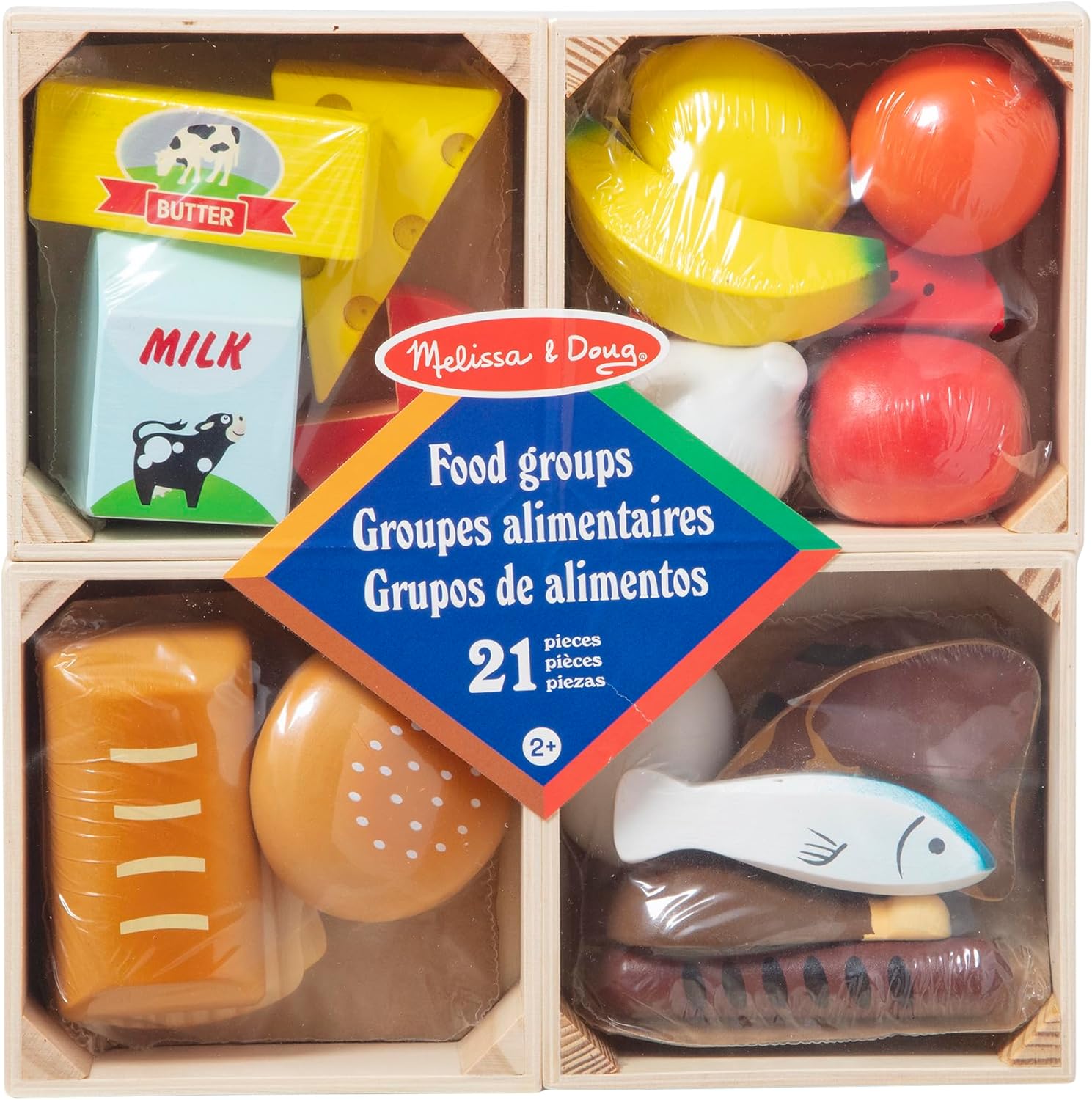 Detalle de Melissa & Doug Holz-Lebensmittelset: 21-teiliges Spielküchen- und Kaufladen-Zubehör für Kinder ab 2 Jahren