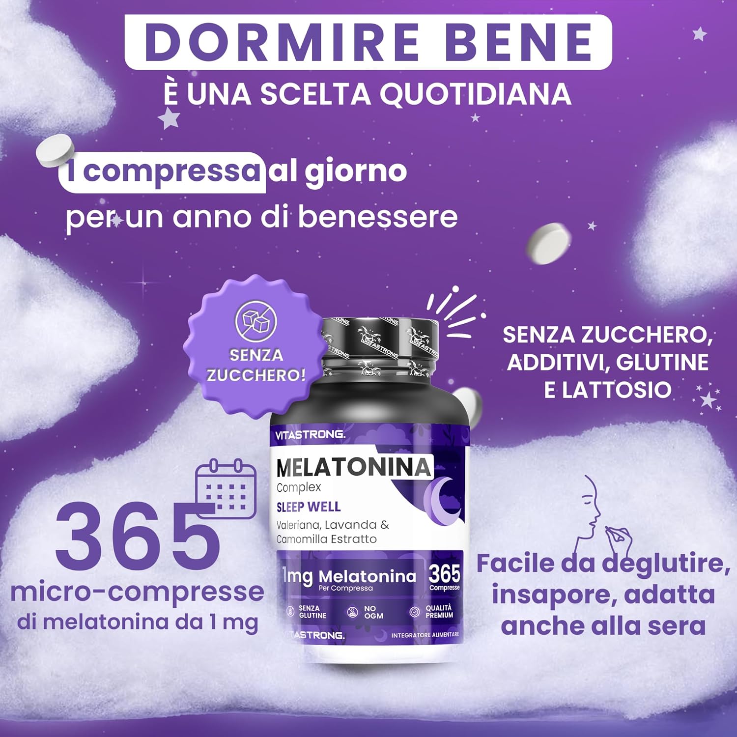 Detalle de Melatonina Vitastrong Complex 365 Micro-Comprime 1 mg con Camomilla, Valeriana, Lavanda e Vitamina B6