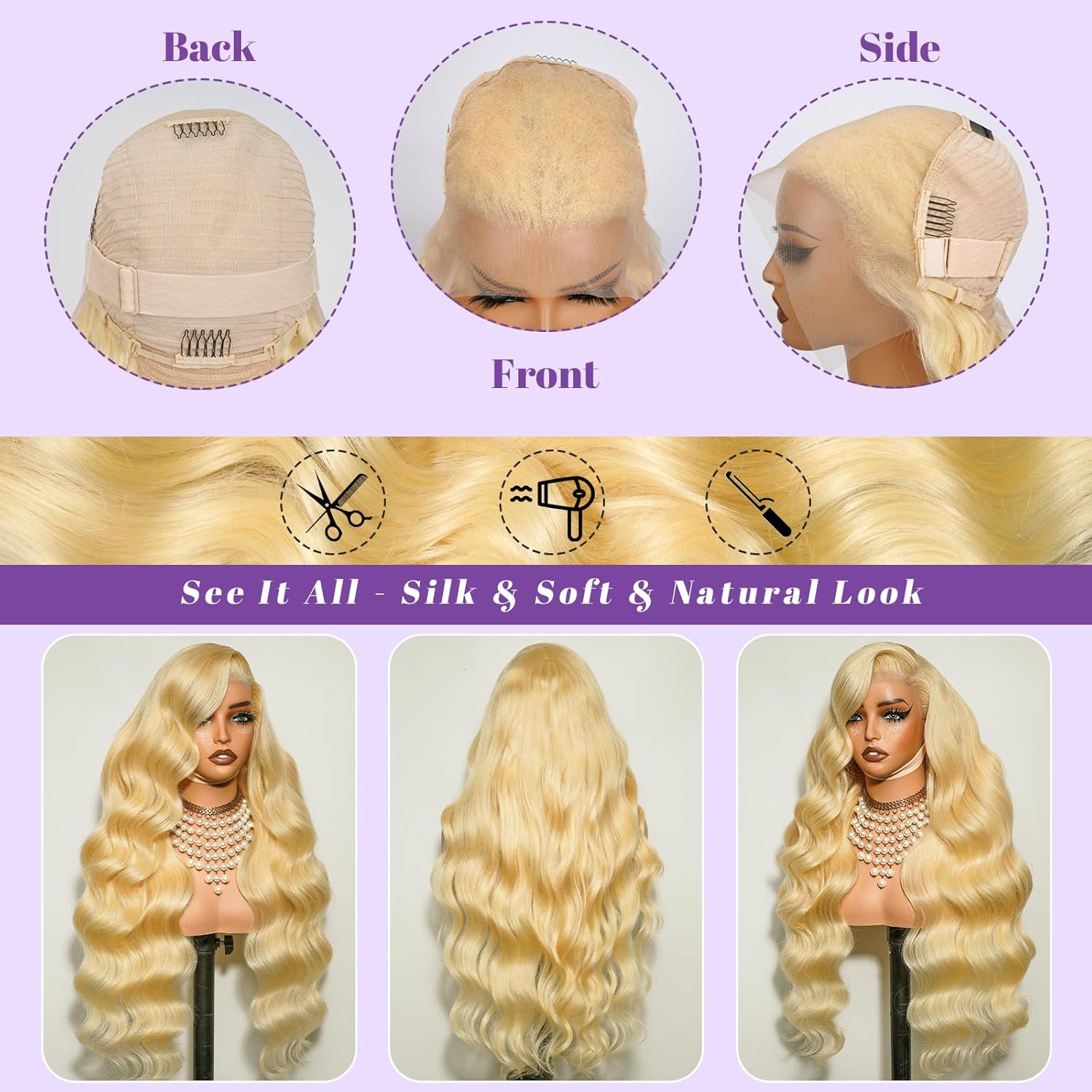 Thumbnail 4 de NBRUW 613 13x6 Lace Front Wig Human Hair 200 Density 30 Inch Body Wave Blonde Wig