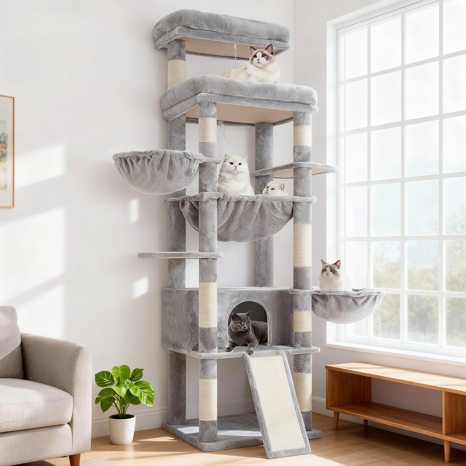 Detalle de Hey-brother Kratzbaum EMJ080W, 182 cm hoch für Großkatzen – mit 2 Liegeflächen, 3 Hängematten & Kratzbrettern