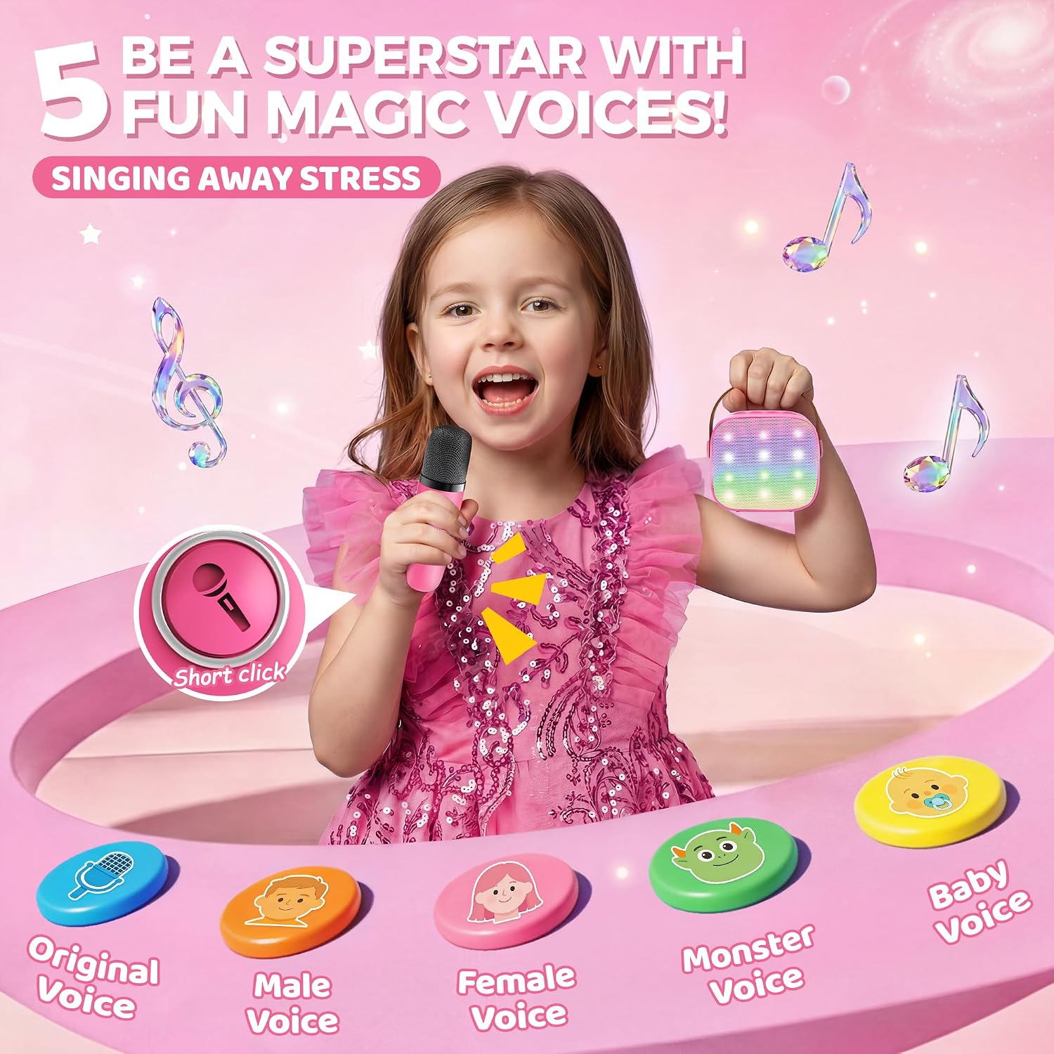 Thumbnail 3 de YLL Mini Children's Karaoke Machine with 2 Microphones (Hotpink) – Portable 4-Voice Fun for 3–12+