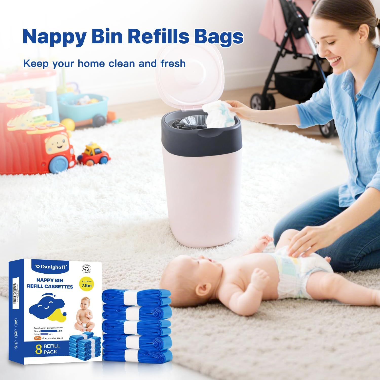 Thumbnail 3 de Nappy Bin Refills, 7.5m Extra-Long Diaper Pail Bags – 8 Pack (Compatible with Tommee Tippee Twist & Click and Sangenic TEC Bins)