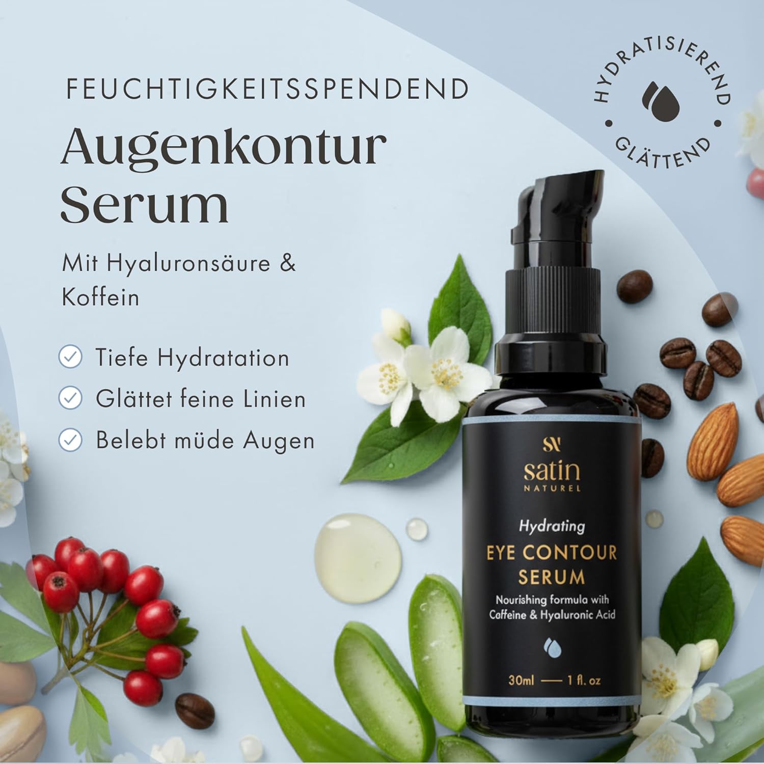 Detalle de Augencreme Satin Naturel mit BIO Aloe Vera, Hyaluron, Taurin & Vitamin E – Vegan, gegen Augenringe und Falten (30 ml)