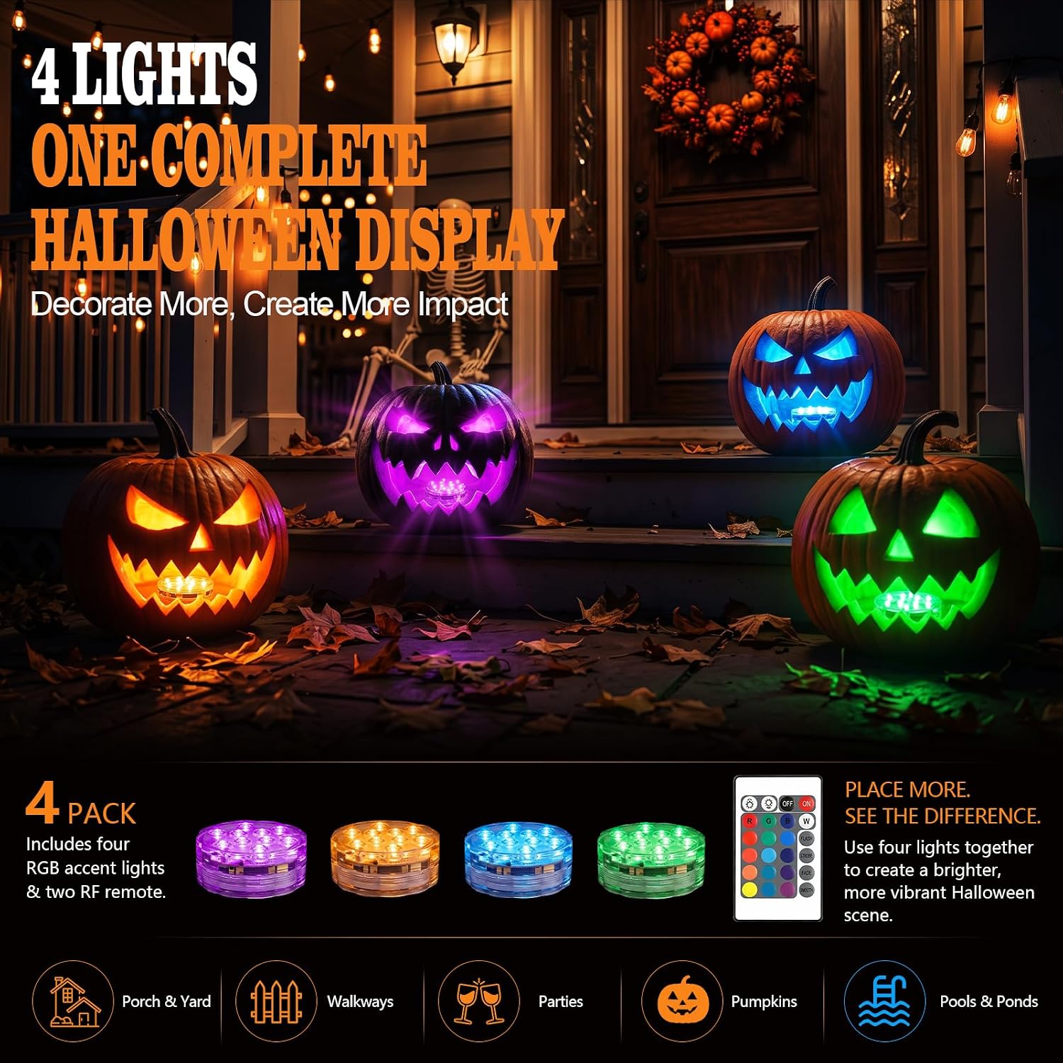 Thumbnail 6 de POLENTAT SY-HWSLRGB Halloween Pumpkin Lights, RGB Submersible LED 4-Pack