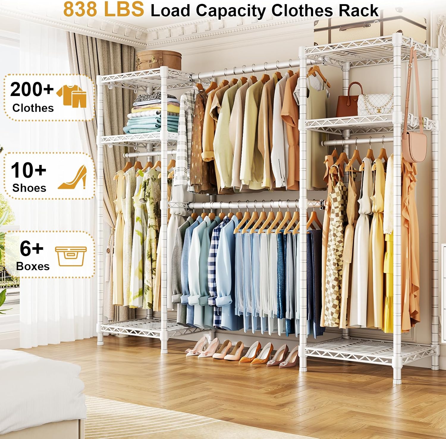 Detalle 2 de Ulif E7 weiß Heavy-Duty Clothing Rail, Expandable Metal Rack with 6 Shelves