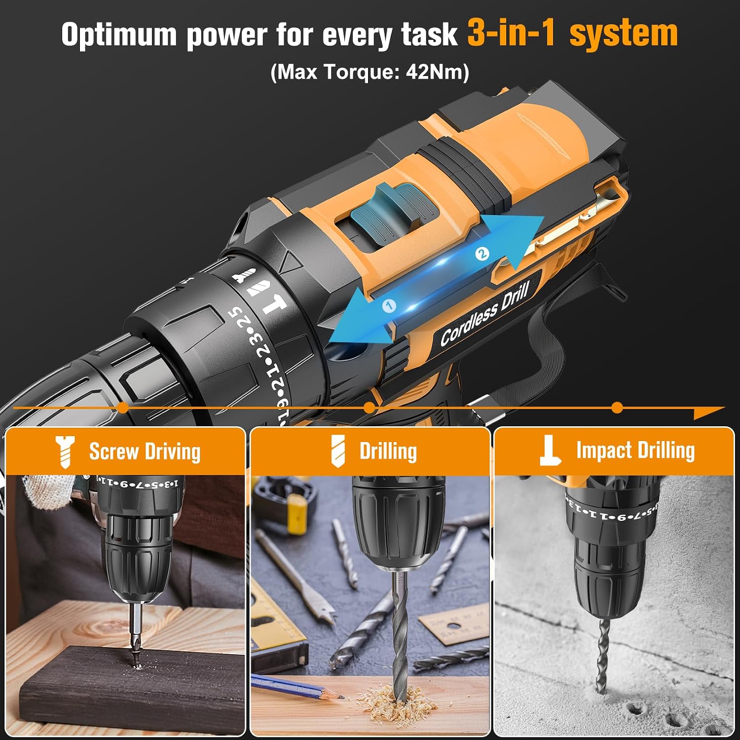 Detalle 2 de JYGMPRO 21V cordless hammer drill 42Nm