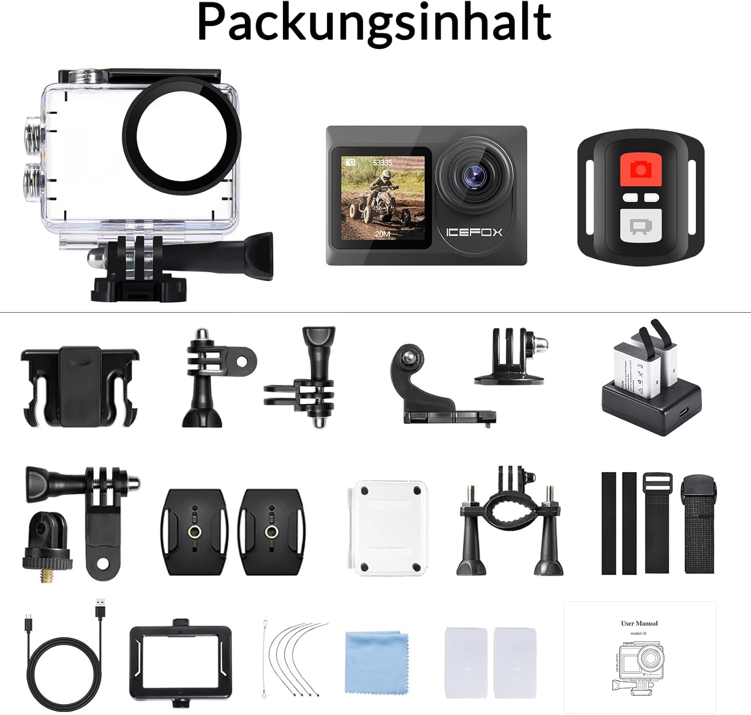 Thumbnail 5 de icefox Action Cam 4K 60FPS 20MP – Unterwasserkamera mit EIS, 30 m Tiefe, Dual-Akku und WLAN