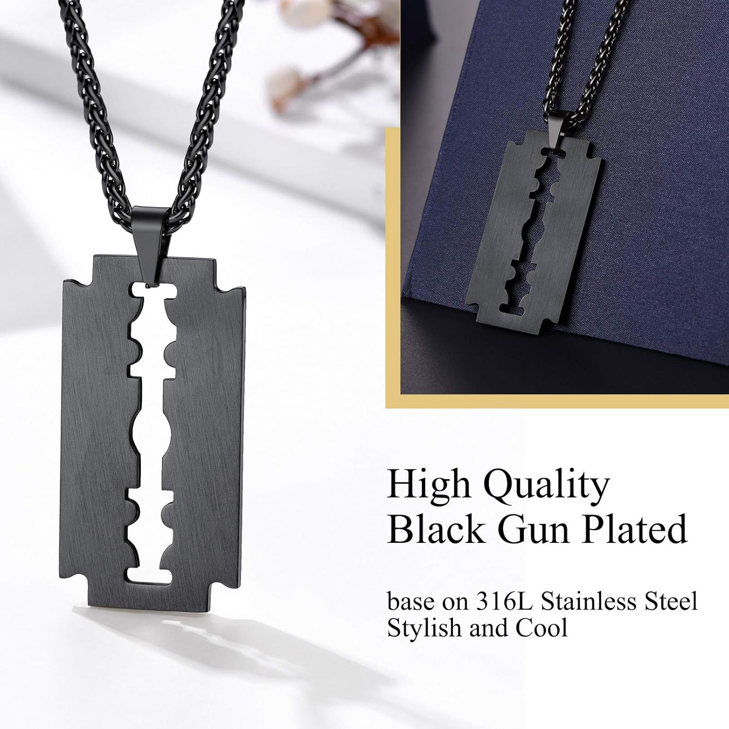 Thumbnail 5 de PROSTEEL collana uomo in acciaio 316L con lametta placcata oro/nero, catena regolabile 55 cm e confezione regalo