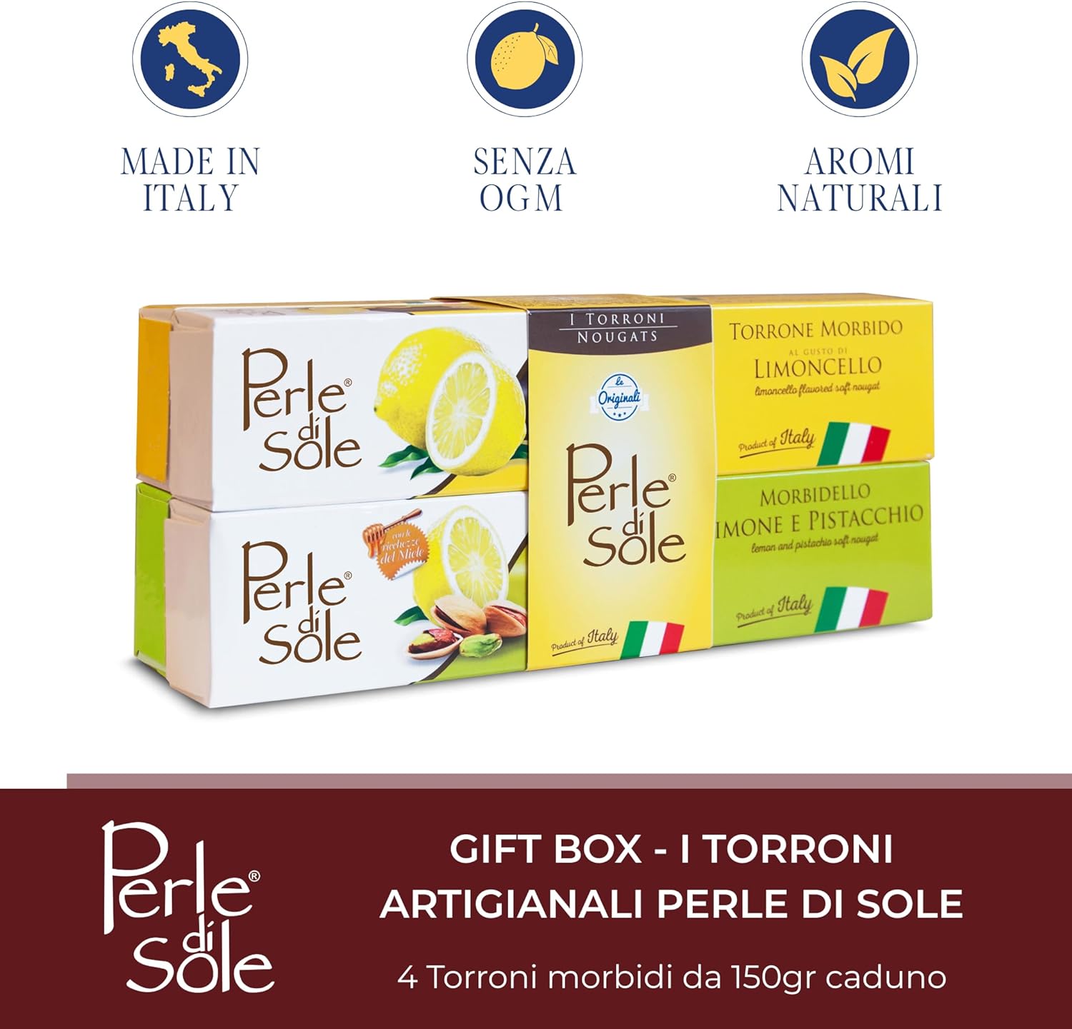 Thumbnail 1 de Perle di Sole – Gift Box 4 Torroni, 600 g. Selezione Artigianale di Torroni Italiani al Limoncello con Cioccolato, Arancia e Pistacchio – Cofanetto Regalo