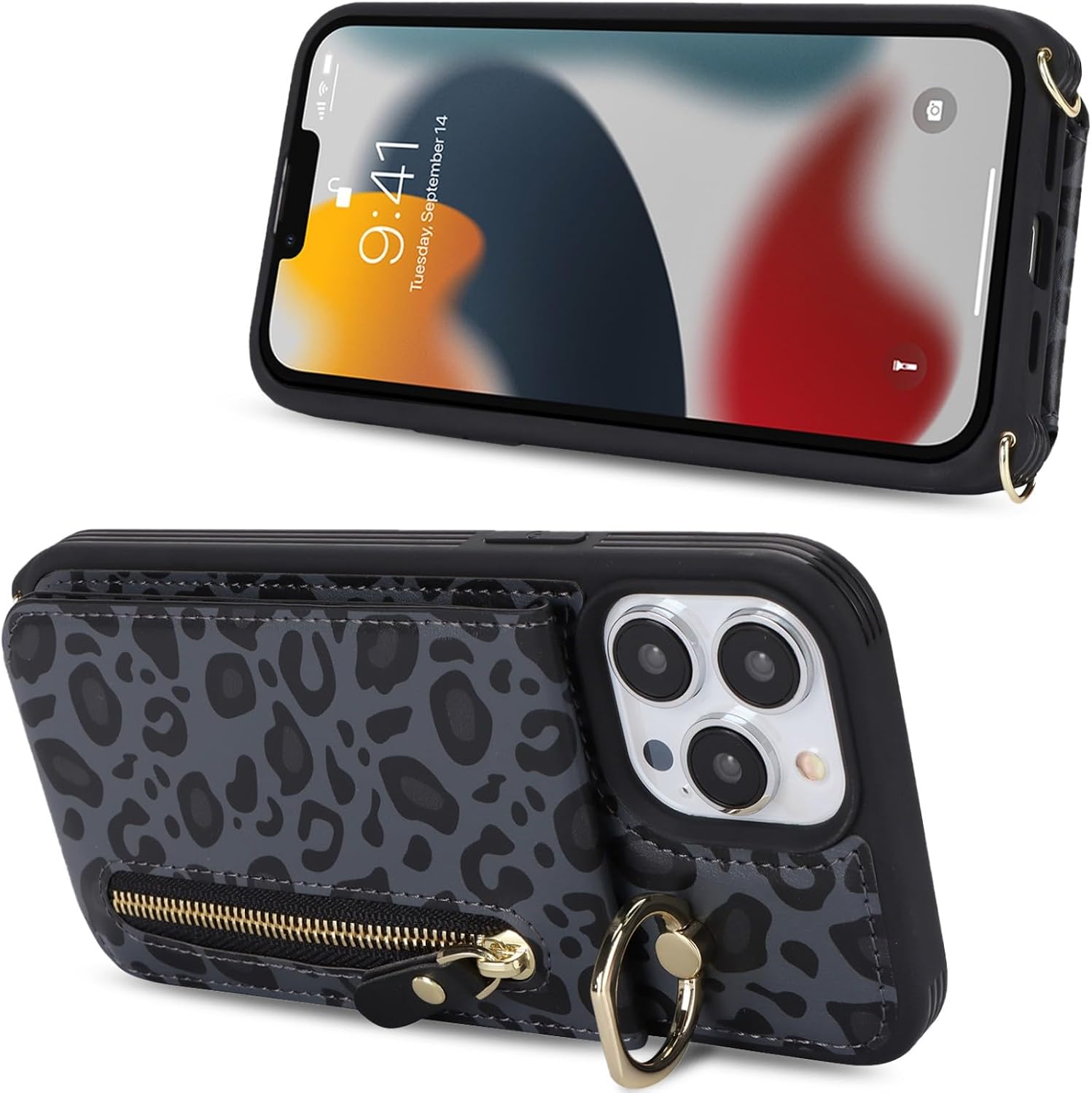 Detalle de Zouzt iPhone 13 Pro Wallet Case with Card Holder, Strap and Ring – Black Leopard
