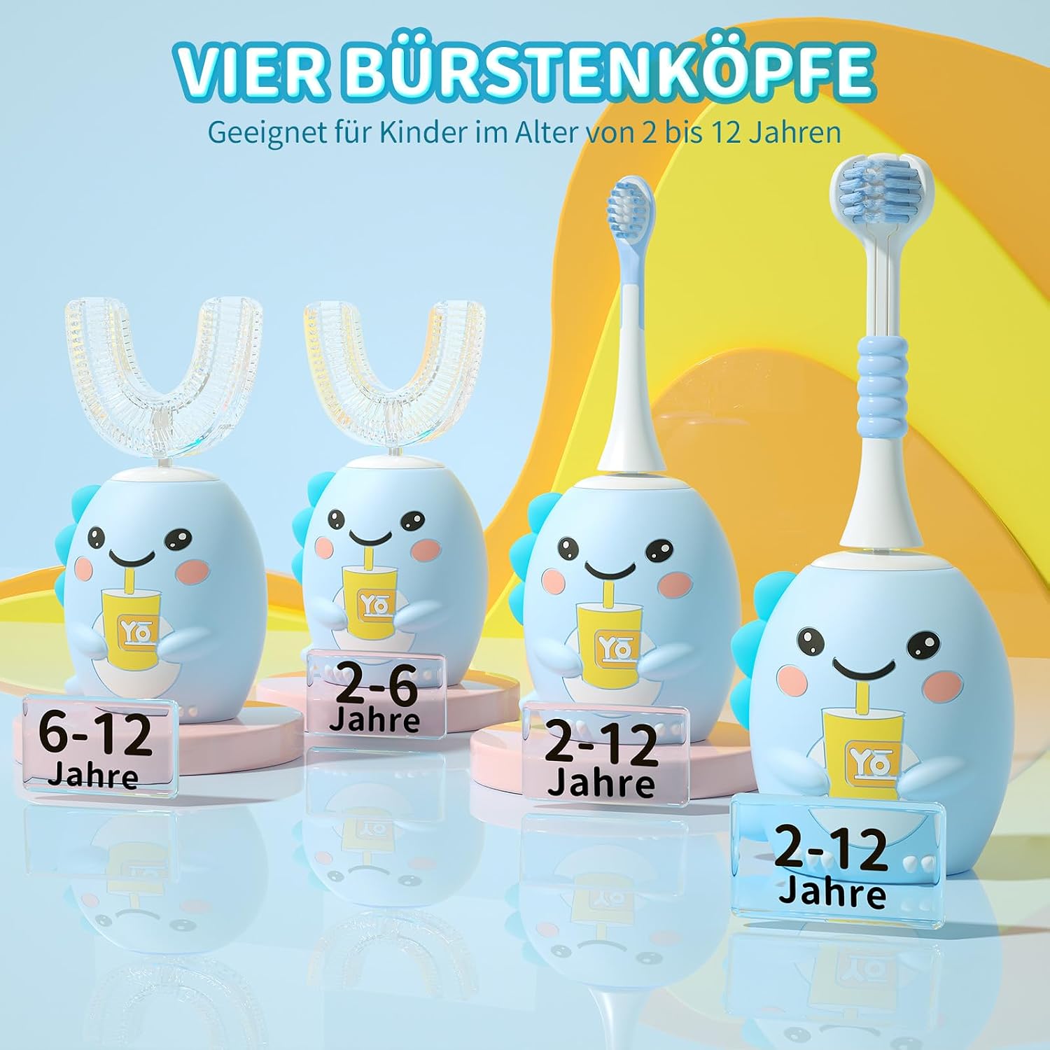 Detalle 2 de Elektrische Zahnbürste für Kinder – U-förmige Bürstenköpfe, Dino-Design, 5 Reinigungsmodi, IPX7