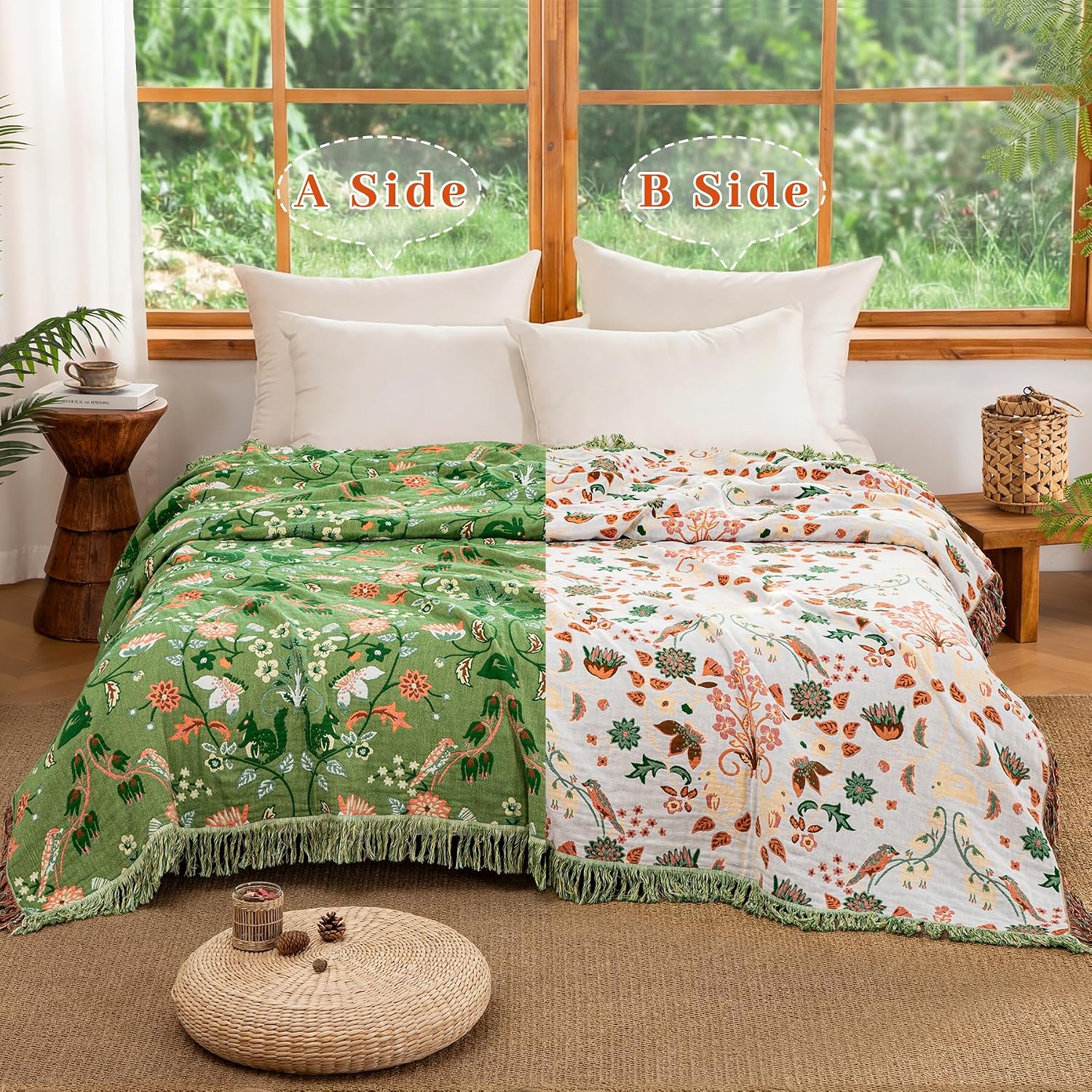 Detalle de Dormilin EU-HA-SZLST-LYXZ-200230 – narzuta boho 200 × 230 cm, dwustronny muślin z frędzlami